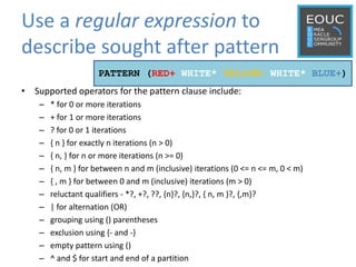 Use a regular expression to
describe sought after pattern
• Supported operators for the pattern clause include:
– * for 0 or more iterations
– + for 1 or more iterations
– ? for 0 or 1 iterations
– { n } for exactly n iterations (n > 0)
– { n, } for n or more iterations (n >= 0)
– { n, m } for between n and m (inclusive) iterations (0 <= n <= m, 0 < m)
– { , m } for between 0 and m (inclusive) iterations (m > 0)
– reluctant qualifiers - *?, +?, ??, {n}?, {n,}?, { n, m }?, {,m}?
– | for alternation (OR)
– grouping using () parentheses
– exclusion using {- and -}
– empty pattern using ()
– ^ and $ for start and end of a partition
PATTERN (RED+ WHITE* YELLOW+ WHITE* BLUE+)
 