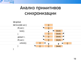 19
Анализ примитивов
синхронизации
int global;
int func(int var) {
if (var) {
lock();
}
global++;
if (var) {
unlock();
}
}
{}
{}
{lock}
{} {lock}
{} {lock}
{} {lock}
{lock}
{}
{}
{}
{}
 