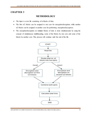 ANALYZING THE EFFECTIVENESS OF THE ADVANCED ENCRYPTION STANDARD ALGORITHM ON MULTICORE PROCESSOR
DEPARTMENT OF COMPUTERSCIENCE AND ENGINEERING, BCE, SHRAVANABELAGOLA 8
CHAPTER 3
METHODOLOGY
 The input is a text file consisting of n-blocks of data.
 The first n/2 blocks can be assigned to one core for encryption/decryption, while another
n/2 blocks can be assigned to another core for performing encryption/decryption.
 The encryption/decryption on multiple blocks of data is done simultaneously by using the
concept of simultaneous multithreading, some of the blocks by one core and some of the
blocks by another core. This process will continue until the end of the file.
 