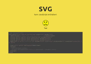 SVG
kann JavaScript enthalten!
Test
<?xmlversion="1.0"?>
<svgxmlns="http://www.w3.org/2000/svg"width="200"height="50">
<defs><style> </style></defs>
<circlecx="20"cy="20"r="15"fill="yellow"stroke="black"/>
<circlecx="15"cy="15"r="2"fill="black"stroke="black"/>
<circlecx="25"cy="15"r="2"fill="black"stroke="black"/>
<pathd="M1326A530002726"stroke="black"fill="none"stroke-width="2"transform="rotate(180,2
0,28)"/>
<textx="11"y="50"id="display">Test</text>
<script>
</script>
</svg>
<![CDATA[text{font-size:6pt;}]]>
alert(document.cookie);
document.getElementById('display').textContent=document.cookie;
 