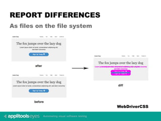 REPORT DIFFERENCES
As files on the file system
WebDriverCSS
 