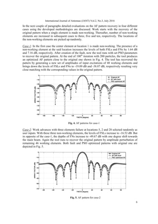 International Journal of Antennas (JANT) Vol.2, No.3, July 2016
6
In the next couple of paragraphs detailed evaluations on the AF pattern recovery in four different
cases using the developed methodologies are discussed. Work starts with the recovery of the
original pattern when a single element is made non-working. Thereafter, number of non-working
elements are increased in subsequent cases to three, five and ten, respectively. The locations of
the non-working elements are picked up randomly.
Case-1: In the first case the center element at location 1 is made non-working. The presence of a
non-working element at the said location increases the levels of both FSLs and FNs by 1.64 dB
and 7.16 dB, respectively. After creation of the fault, now the tool runs with set PSO parameters
to recover the original pattern. At the end of 100th
iteration with 200 particles, the tool produces
an optimized AF pattern close to the original one shown in Fig. 4. The tool has recovered the
pattern by generating a new set of amplitudes of input excitations of 48 working elements and
brings down the levels of FSLs and FNs to -19.09 dB and -38.87 dB, respectively resulting very
close matching with the corresponding values in the original pattern.
Fig. 4. AF patterns for case-1
Case-2: Work advances with three elements failure at locations 5, 2 and 28 selected randomly as
user inputs. With these three non-working elements, the levels of FSLs increase to -16.52 dB. But
in opposite of the case-1, the depths of FNs increase to -49.67 dB with one degree shift towards
the main beam. Again the tool runs to recover the original pattern by amplitude perturbation of
remaining 46 working elements. Both fault and PSO optimized patterns with original one are
depicted in Fig. 5.
Fig. 5. AF pattern for case-2
 