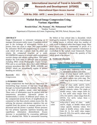 @ IJTSRD | Available Online @ www.ijtsrd.com
ISSN No: 2456
International
Research
Matlab Based Image Compression U
Beenish Khan
Department of Electronics & Comm
ABSTRACT
Image Compression is extremely intriguing as it
manages this present reality issues. It assumes critical
part in the exchange of information, similar to a
picture, from one client to other. This paper exhibits
the utilization MATLAB programming to execute a
code which will take a picture from the client and
returns the compacted structure as a yield.
WCOMPRESS capacity is utilized which incorporates
wavelet change and entropy coding ideas. This paper
displays the work done on different sorts of pictures
including JPEG (Joint Photographic Expert Group),
PNG and so on and broke down their yield. Different
pressure procedures like EZW, WDR, ASWDR, and
SPIHIT which are exceptionally regular in picture
handling are utilized.
Keywords: RLE, WRD, STW, SPIHT, Image
Compression.
I. INTRODUCTION
Image compression has been the key innovation for
transmitting huge measure of real time image data
through via limited bandwidth channels. The data are
in the form of graphics, sound, video and picture.
These sorts of information must be packed amid the
transmission procedure. Advanced picture is
fundamentally a variety of different pixel values. In
the computerized picture Pixels of neighborhood are
connected so that these pixels contain excess bits. By
utilizing the pressure calculations repetitive bits are
expelled from the picture so measure picture size is
decreased and the picture is packed. Picture pressure
has two primary segments: repetition lessening and
superfluous information diminishment. Excess
decrease is accomplished by evacuating additional
bits or rehashed bits. While in unessential lessening
@ IJTSRD | Available Online @ www.ijtsrd.com | Volume – 2 | Issue – 4 | May-Jun 2018
ISSN No: 2456 - 6470 | www.ijtsrd.com | Volume
International Journal of Trend in Scientific
Research and Development (IJTSRD)
International Open Access Journal
b Based Image Compression Using
Various Algorithm
Beenish Khan1
, Ms. Poonam2
, Mr. Mohammad Talib2
1
Student, 2
Lecturer
Department of Electronics & Comm. Engineering, SRCEM, Palwal, Haryana, India
Compression is extremely intriguing as it
manages this present reality issues. It assumes critical
exchange of information, similar to a
picture, from one client to other. This paper exhibits
the utilization MATLAB programming to execute a
code which will take a picture from the client and
returns the compacted structure as a yield.
s utilized which incorporates
wavelet change and entropy coding ideas. This paper
displays the work done on different sorts of pictures
including JPEG (Joint Photographic Expert Group),
PNG and so on and broke down their yield. Different
s like EZW, WDR, ASWDR, and
SPIHIT which are exceptionally regular in picture
RLE, WRD, STW, SPIHT, Image
has been the key innovation for
transmitting huge measure of real time image data
through via limited bandwidth channels. The data are
in the form of graphics, sound, video and picture.
These sorts of information must be packed amid the
Advanced picture is
fundamentally a variety of different pixel values. In
the computerized picture Pixels of neighborhood are
connected so that these pixels contain excess bits. By
utilizing the pressure calculations repetitive bits are
the picture so measure picture size is
decreased and the picture is packed. Picture pressure
has two primary segments: repetition lessening and
superfluous information diminishment. Excess
decrease is accomplished by evacuating additional
While in unessential lessening
the littlest or less critical data is discarded,
won't got by recipient. The three sorts of redundancies
i.e. coding excess is utilized when less number of
code words is required rather than bigger image. Bury
pixel excess results in relationship of pixels of a
picture and in psycho visual repetition information is
overlooked by the typical visual framework. Picture
pressure is connected to lessen the quantity of bits
which speak to the picture.
II. TYPES OF IMAGES
Table 1 Various types of images
Image
Type
Interpretation
Binary Logical array containing only 0s and
1s, interpreted as black and white.
Indexed Array of class logical unit8, unit16,
single, or double whose pixel values
are direct indices into color map. The
color map is an m
double.
Grayscale Array of class unit8, unit16, int16,
single, or double whose pixel values
specify intensity values. For single or
double arrays, value ranges from (0,
1). For unit8 value ranges from (0,
255). For unit16, values range from (0,
65535). For int16, values fro
32768, 32767).
True
color
m-by-n-by-3 array of class unit8,
unit16, single, or double whose pixel
values specify intensity values. For
single or double arrays, value ranges
from (0, 1). For unit8 value ranges
from (0, 255). For unit16, values rang
from (0, 65535).
Jun 2018 Page: 1638
6470 | www.ijtsrd.com | Volume - 2 | Issue – 4
Scientific
(IJTSRD)
International Open Access Journal
Palwal, Haryana, India
ess critical data is discarded, which
won't got by recipient. The three sorts of redundancies
i.e. coding excess is utilized when less number of
code words is required rather than bigger image. Bury
xel excess results in relationship of pixels of a
picture and in psycho visual repetition information is
overlooked by the typical visual framework. Picture
pressure is connected to lessen the quantity of bits
Table 1 Various types of images
Interpretation
Logical array containing only 0s and
1s, interpreted as black and white.
Array of class logical unit8, unit16,
single, or double whose pixel values
are direct indices into color map. The
color map is an m-by-3 array of class
Array of class unit8, unit16, int16,
single, or double whose pixel values
specify intensity values. For single or
double arrays, value ranges from (0,
1). For unit8 value ranges from (0,
255). For unit16, values range from (0,
65535). For int16, values from (-
3 array of class unit8,
unit16, single, or double whose pixel
values specify intensity values. For
single or double arrays, value ranges
from (0, 1). For unit8 value ranges
from (0, 255). For unit16, values range
from (0, 65535).
 