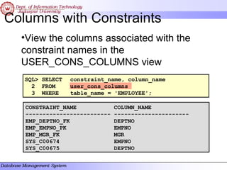 Columns with Constraints
CONSTRAINT_NAME COLUMN_NAME
------------------------- ----------------------
EMP_DEPTNO_FK DEPTNO
EMP_EMPNO_PK EMPNO
EMP_MGR_FK MGR
SYS_C00674 EMPNO
SYS_C00675 DEPTNO
SQL> SELECT constraint_name, column_name
2 FROM user_cons_columns
3 WHERE table_name = 'EMPLOYEE';
•View the columns associated with the
constraint names in the
USER_CONS_COLUMNS view
 