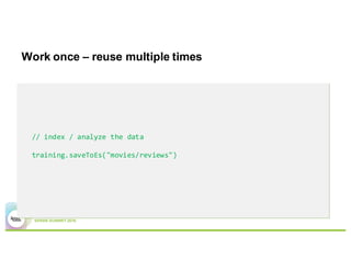 Work once – reuse multiple times
// index / analyze the data
training.saveToEs("movies/reviews")
 