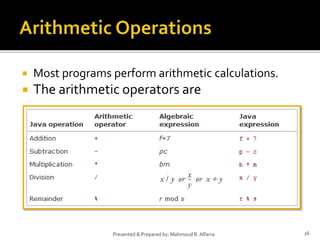  Most programs perform arithmetic calculations.
 The arithmetic operators are
26Presented & Prepared by: Mahmoud R. Alfarra
 