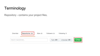Terminology
Repository - contains your project files.
 
