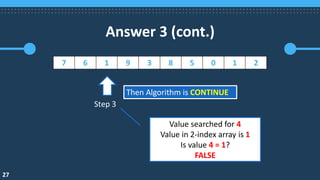 Answer 3 (cont.)
27
7 6 1 9 3 8 5 0 1 2
Step 3
Value searched for 4
Value in 2-index array is 1
Is value 4 = 1?
FALSE
Then Algorithm is CONTINUE
 