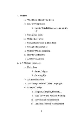 2
1. Preface
a. Who Should Read This Book
b. New Developments
i. New in This Edition (Java 11, 12, 13,
14)
c. Using This Book
d. Online Resources
e. Conventions Used in This Book
f. Using Code Examples
g. O’Reilly Online Learning
h. How to Contact Us
i. Acknowledgments
2. 1. A Modern Language
a. Enter Java
i. Java’s Origins
ii. Growing Up
b. A Virtual Machine
c. Java Compared with Other Languages
d. Safety of Design
i. Simplify, Simplify, Simplify…
ii. Type Safety and Method Binding
iii. Incremental Development
iv. Dynamic Memory Management
 