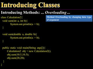 Introducing Methods: ... Overloading ...
Method Overloading by changing data type
of argument
class Calculation2{
void sum(int a, int b){
System.out.println(a + b);
}
void sum(double a, double b){
System.out.println(a + b);
}
public static void main(String args[]){
Calculation2 obj = new Calculation2();
obj.sum(10.5,10.5);
obj.sum(20,20);
}
}
 