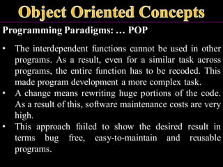 Programming Paradigms: … POP
• The interdependent functions cannot be used in other
programs. As a result, even for a similar task across
programs, the entire function has to be recoded. This
made program development a more complex task.
• A change means rewriting huge portions of the code.
As a result of this, software maintenance costs are very
high.
• This approach failed to show the desired result in
terms bug free, easy-to-maintain and reusable
programs.
 