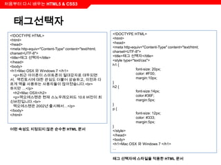 처음부터 다시 배우는 HTML5 & CSS3



  태그선택자
 <!DOCTYPE HTML>                                       <!DOCTYPE HTML>
 <html>                                                <html>
 <head>                                                <head>
 <meta http-equiv="Content-Type" content="text/html;   <meta http-equiv="Content-Type" content="text/html;
 charset=UTF-8">                                       charset=UTF-8">
 <title>태그 선택자</title>                                 <title>태그 선택자</title>
 </head>                                               <style type="text/css">
 <body>                                                h1 {
 <h1>Mac OSX 와 Windows 7 </h1>                                       font-size: 20px;
   <p>최근 아이폰이 스마트폰의 절대강자로 대두되면                                       color: #F00;
 서, 맥킨토시에 대한 관심도 더불어 상승하고, 이전과 다                                     margin:10px;
 르게 맥을 사용하는 사용자들이 많아졌습니다.<br>                          }
 하지만 …</p>                                             h2 {
   <h2>Mac OSX</h2>                                                  font-size:14px;
   <p>맥오에스텐은 현재 스노우레오퍼드 10.6 버전이 최                                   color:#36F;
 신버전입니다.<br>                                                         margin:5px;
   맥오에스텐은 2002년 출시해서…</p>                              }
 </body>                                               p{
 </html>                                                             font-size: 12px;
                                                                     color: #333;
                                                                     margin:5px;
                                                       }
 어떤 속성도 지정되지 않은 순수한 HTML 문서                            </style>
                                                       </head>
                                                       <body>
                                                       <h1>Mac OSX 와 Windows 7 </h1>
                                                       …

                                                       태그 선택자에 스타일을 적용한 HTML 문서
 