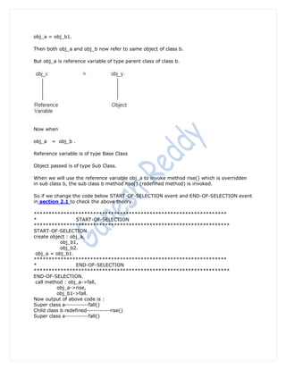 obj_a = obj_b1.

Then both obj_a and obj_b now refer to same object of class b.

But obj_a is reference variable of type parent class of class b.




Now when

obj_a   = obj_b .

Reference variable is of type Base Class

Object passed is of type Sub Class.

When we will use the reference variable obj_a to invoke method rise() which is overridden
in sub class b, the sub class b method rise() (redefined method) is invoked.

So if we change the code below START-OF-SELECTION event and END-OF-SELECTION event
in section 2.1 to check the above theory.

*****************************************************************
*                  START-OF-SELECTION
******************************************************************
START-OF-SELECTION.
create object : obj_a,
            obj_b1,
            obj_b2.
 obj_a = obj_b1.
*****************************************************************
*                  END-OF-SELECTION
******************************************************************
END-OF-SELECTION.
 call method : obj_a->fall,
          obj_a->rise,
          obj_b1->fall.
Now output of above code is :
Super class a-----------fall()
Child class b redefined-----------rise()
Super class a-----------fall()
 