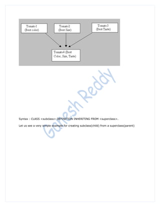 Syntax : CLASS <subclass> DEFINITION INHERITING FROM <superclass>.

Let us see a very simple example for creating subclass(child) from a superclass(parent)
 
