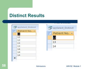 Distinct Results AIN102  Module 1 Admissions AIN102  Module 1 W/out Distinct With Distinct 