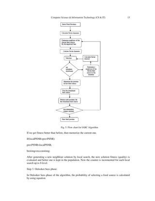 Computer Science & Information Technology (CS & IT) 15
Fig. 5. Flow chart for IABC Algorithm
If we get fitness better than before, then memorize the current one.
If(localPSNR>prevPSNR)
prevPSNR=localPSNR;
bestimg=recconstimg;
After generating a new neighbour solution by local search, the new solution fitness (quality) is
evaluated and better one is kept in the population. Now the counter is incremented for each local
search up to 8 level.
Step 3. Onlooker bees phase:
In Onlooker bees phase of the algorithm, the probability of selecting a food source is calculated
by using equation
 