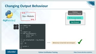 Python Certification Training https://www.edureka.co/python
Changing Output Behaviour
Sys - Module
Python
Interactive Mode
Get Output
Write expression
>>> import sys
>>> x = 42
>>> x
42
>>> import sys
>>> def my_display(x):
... print "out: ",
... print x
...
>>> sys.displayhook = my_display
>>> x
out: 42
>>>
>>> print x
42
Behaviour of print() not changed
 