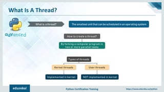Python Certification Training https://www.edureka.co/python
What Is A Thread?
The smallest unit that can be scheduled in an operating systemWhat is a thread?
How to create a thread?
By forking a computer program in
two or more parallel tasks
Types of threads
Kernel threads User threads
Implemented in kernel NOT implemented in kernel
 