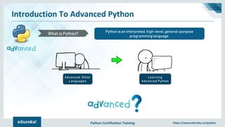 Python Certification Training https://www.edureka.co/python
Introduction To Advanced Python
Python is an interpreted, high-level, general-purpose
programming language.
What is Python?
Advanced: Other
Languages
Learning
Advanced Python
 