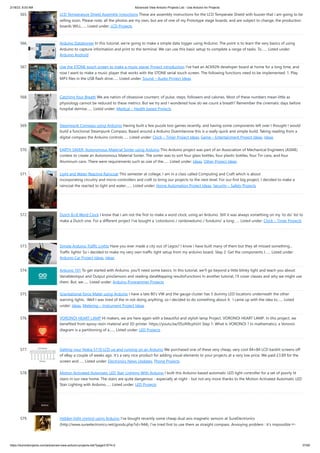 2/18/23, 8:53 AM Advanced View Arduino Projects List - Use Arduino for Projects
https://duino4projects.com/advanced-view-arduino-projects-list/?page31074=2 37/60
565. LCD Temperature Shield Assembly Instuctions These are assembly instructions for the LCD Temperate Shield with buzzer that i am going to be
selling soon. Please note, all the photos are my own, but are of one of my Prototype stage boards, and are subject to change, the production
boards WILL…... Listed under: LCD Projects
566. Arduino Datalogger In this tutorial, we're going to make a simple data logger using Arduino. The point is to learn the very basics of using
Arduino to capture information and print to the terminal. We can use this basic setup to complete a range of tasks. To…... Listed under:
Arduino Android
567. Use the STONE touch screen to make a music player Project introduction I've had an AC692N developer board at home for a long time, and
now I want to make a music player that works with the STONE serial touch screen. The following functions need to be implemented: 1. Play
MP3 files in the USB flash drive…... Listed under: Sound – Audio Project Ideas
568. Catching Your Breath We are nation of obsessive counters: of pulse, steps, followers and calories. Most of these numbers mean little as
physiology cannot be reduced to these metrics. But we try and I wondered how do we count a breath? Remember the cinematic days before
hospital demise…... Listed under: Medical – Health based Projects
569. Steampunk Compass using Arduinio Having built a few puzzle box games recently, and having some components left over I thought I would
build a functional Steampunk Compass. Based around a Arduino Duemilanove this is a really quick and simple build. Taking reading from a
digital compass the Arduino controls…... Listed under: Clock – Timer Project Ideas, Game – Entertainment Project Ideas, Ideas
570. EARTH SAVER: Autonomous Material Sorter using Arduino This Arduino project was part of an Association of Mechanical Engineers (ASME)
contest to create an Autonomous Material Sorter. The sorter was to sort four glass bottles, four plastic bottles, four Tin cans, and four
Aluminum cans. There were requirements such as size of the…... Listed under: Ideas, Other Project Ideas
571. Light and Water Reactive Raincoat This semester at college, I am in a class called Computing and Craft which is about
incorporating circuitry and micro-controllers and craft to bring our projects to the next level. For our first big project, I decided to make a
raincoat the reacted to light and water.…... Listed under: Home Automation Project Ideas, Security – Safety Projects
572. Dutch 8×8 Word Clock I know that I am not the first to make a word clock, using an Arduino. Still it was always something on my 'to do' list to
make a Dutch one. For a different project I've bought a 'colorduino / rainbowduino / funduino' a long…... Listed under: Clock – Timer Projects
573. Simple Arduino Traffic Lights Have you ever made a city out of Legos? I know i have built many of them but they all missed something...
Traffic lights! So i decided to make my very own traffic light setup from my arduino board. Step 2: Get the components I…... Listed under:
Arduino Car Project Ideas, Ideas
574. Arduino 101 To get started with Arduino, you'll need some basics. In this tutorial, we'll go beyond a little blinky light and teach you about:
VariablesInput and Output pinsSensors and reading dataMapping resultsFunctions In another tutorial, I'll cover classes and why we might use
them. But, we…... Listed under: Arduino Programmer Projects
575. Gravitational force Mater using Arduino I have a late 80's VW and the gauge cluster has 5 dummy LED locations underneath the other
warning lights. Well I was tired of the m not doing anything, so I decided to do something about it. I came up with the idea to…... Listed
under: Ideas, Metering – Instrument Project Ideas
576. VORONOI HEART LAMP Hi makers, we are here again with a beautiful and stylish lamp Project. VORONOI HEART LAMP. In this project, we
benefited from epoxy resin material and 3D printer. https://youtu.be/0SoN9cphUrI Step 1: What Is VORONOI ? In mathematics, a Voronoi
diagram is a partitioning of a…... Listed under: LED Projects
577. Getting your Nokia 5110 LCD up and running on an Arduino We purchased one of these very cheap, very cool 84×84 LCD backlit screens off
of eBay a couple of weeks ago. It’s a very nice product for adding visual elements to your projects at a very low price. We paid £3.89 for the
screen and…... Listed under: Electronics News Updates, Phone Projects
578. Motion Activated Automatic LED Stair Lighting With Arduino I built this Arduino based automatic LED light controller for a set of poorly lit
stairs in our new home. The stairs are quite dangerous - especially at night - but not any more thanks to the Motion Activated Automatic LED
Stair Lighting with Arduino…... Listed under: LED Projects
579. Hidden light control using Arduino I’ve bought recently some cheap dual axis magnetic sensors at SureElectronics
(http://www.sureelectronics.net/goods.php?id=944), I’ve tried first to use them as straight compass. Annoying problem : it’s impossible to
 
