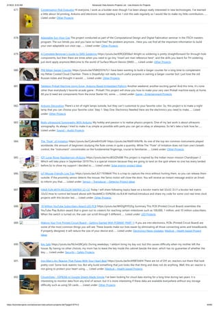 2/18/23, 8:53 AM Advanced View Arduino Projects List - Use Arduino for Projects
https://duino4projects.com/advanced-view-arduino-projects-list/?page31074=2 44/60
677. Condensation Risk Evaluator Hi everyone, I work as a builder even though I've been always really interested in new technologies. I've learned
a little about 3d printing, Arduino and electronic issues reading a lot. I visit this web regularly so I would like to make my little contribution.…...
Listed under: Other Projects
678. Adaptable Sun Visor Cap The project conducted as part of the Computational Design and Digital Fabrication seminar in the ITECH masters
program. The sun blinds you and you have no hand free? No problem anymore... Here you can find all the important information to build
your own adaptable sun visor cap.…... Listed under: Other Projects
679. A Complete Beginner’s Guide to SMD Soldering https://youtu.be/tERQQ0S8aJI Alright so soldering is pretty straightforward for through-hole
components, but then there are times when you need to go tiny *insert ant-man reference here*, and the skills you learnt for TH soldering
just dont apply anymore.Welcome to the world of Surface Mount Device (SMD)…... Listed under: Other Projects
680. PKE Meter Geiger Counter https://youtu.be/VS8lQ5SYb7U I have been wanting to build a Geiger counter for a long time to complement
my Peltier Cooled Cloud Chamber. There is (hopefully) not really much useful purpose in owning a Geiger counter but I just love the old
Russian tubes and thought it would…... Listed under: Other Projects
681. Tabletop Pinball Machine Using Evive- Arduino Based Embedded Plaform Another weekend, another exciting game! And this time, it’s none
other than everybody’s favorite arcade game - Pinball! This project will show you how to make your very own Pinball machine easily at home.
All you’d need are components from the evive Starter Kit, some…... Listed under: Game – Entertainment Projects
682. Arduino Decoration There’s a lot of night lamps outside, but they can’t customize to your favorite color. So, this project is to make a night
lamp that you can choose your favorite color. Step 1: Step One: Electronics Needed Here are the electronics you need to make…... Listed
under: Other Projects
683. Body-ultrasound Sonography With Arduino My hobby and passion is to realize physics projects. One of my last work is about ultrasonic
sonography. As always I tried to make it as simple as possible with parts you can get on ebay or aliexpress. So let's take a look how far…...
Listed under: Sound – Audio Projects
684. The “Flute” of Imitation https://youtu.be/Cy4meKH5UAY https://youtu.be/Xb691A9sYRc As one of the top ten common instruments played
worldwide, the amount of beginners studying the flute comes in quite a quantity. While The Flute of Imitation does not train one’s breath
control, the “instrument” concentrates on the fundamental fingerings, crucial to familiarize…... Listed under: Other Projects
685. IOT Lunar Rover Raspberrypi+Arduino https://youtu.be/mcdEGQTxE88 This project is inspired by the Indian moon mission Chandryaan-2
Which will take place in September 2019.This is a special mission because they are going to land on the spot where no one has every landed
before.So to show my support i decided to…... Listed under: Solar energy project Ideas
686. IoT Mouse-Friendly Live Trap https://youtu.be/LA21193Wel4 This is a trap to capture the mice without hurting them, so you can release them
outside. If the proximity sensor detects the mouse, the Servo motor will close the door. You will receive an instant message and/or an Email,
to inform you that…... Listed under: Sensor – Transducer – Detector Project Ideas
687. HAVE FUN WITH BICOLOR MATRIX 32×32 Today I will share following topics base on a bicolor matrix led 32x32: D.I.Y a bicolor led matrix
32x32.How to control led board above with NodeMCU ESP8266 via B.A.M method.Introduce and share my code for some cool real time clock
projects with this bicolor led…... Listed under: Other Projects
688. 10 Million YouTube Subscribers Award LED PCB https://youtu.be/WhDgftYFQ5g Summary This PCB (Printed Circuit Board) resembles the
YouTube Play Button award that is given out to creators for reaching certain milestones such as 100,000, 1 million, and 10 million subscribers.
When the switch is turned on, the user can scroll through 5 different…... Listed under: LED Projects
689. Making Your First Printed Circuit Board – Getting Started With PCBWAY [PART 1] If you are into electronics, PCBs (Printed Circuit Board) are
some of the most common things you will see. These boards make our lives easier by eliminating all those connecting wires and breadboards.
If properly designed, it will reduce the size of your device and…... Listed under: Electronics News Updates, Medical – Health based Project
Ideas
690. Key Safe https://youtu.be/NLhxGl8CpGc During weekdays, I seldom bring my key out, but this causes difficulty when my mother left the
house. By having no other choices, my mom has to leave the key inside the cabinet beside the door, which has no guarantee of whether the
key…... Listed under: Security – Safety Projects
691. Iron Man’s Arc Reactor That Pulses With Your Heart Beat https://youtu.be/bnX99E5VdHI There are lot of DIY arc reactors out there that look
pretty cool. Some look realistic too. But why build something that just looks like that thing and does not do anything. Well, this arc reactor is
not going to protect your heart using…... Listed under: Medical – Health based Projects
692. CloudyData – ESP8266 to Google Sheets Made Simple I've been looking for cloud data storing for a long time during last years: it is
interesting to monitor data from any kind of sensor, but it is more interesting if these data are available everywhere without any storage
difficulty such as using SD cards…... Listed under: Other Projects
 