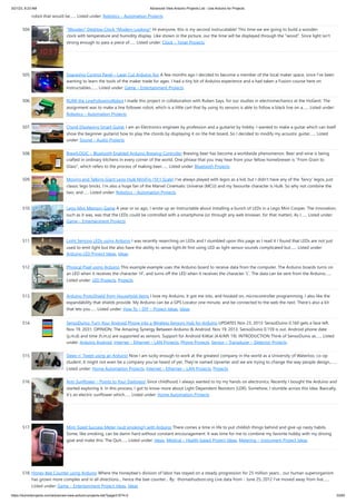 3/21/23, 8:23 AM Advanced View Arduino Projects List - Use Arduino for Projects
https://duino4projects.com/advanced-view-arduino-projects-list/?page31074=2 33/60
robot that would be…... Listed under: Robotics – Automation Projects
504. “Wooden” Desktop Clock *Modern Looking* Hi everyone, this is my second instrucatable! This time we are going to build a wooden
clock with temperature and humidity display. Like shown in the picture, our the time will be displayed through the wood. Since light isn't
strong enough to pass a piece of…... Listed under: Clock – Timer Projects
505. Spaceship Control Panel – Laser Cut Arduino Toy A few months ago I decided to become a member of the local maker space, since I've been
wanting to learn the tools of the maker trade for ages. I had a tiny bit of Arduino experience and a had taken a Fusion-course here on
Instructables.…... Listed under: Game – Entertainment Projects
506. RUMI the LineFollowingRobot I made this project in collaboration with Ruben Says, for our studies in electromechanics at the HoGent. The
assignment was to make a line follower robot, which is a little cart that by using its sensors is able to follow a black line on a…... Listed under:
Robotics – Automation Projects
507. Chord Displaying Smart Guitar I am an Electronics engineer by profession and a guitarist by hobby. I wanted to make a guitar which can itself
show the beginner guitarist how to play the chords by displaying it on the fret board. So I decided to modify my acoustic guitar…... Listed
under: Sound – Audio Projects
508. Brew|LOGIC – Bluetooth Enabled Arduino Brewing Controller Brewing beer has become a worldwide phenomenon. Beer and wine is being
crafted in ordinary kitchens in eve­
­
ry corner of the world. One phrase that you may hear from your fellow homebrewer is From Grain to
Glass, which refers to the process of making beer…... Listed under: Bluetooth Projects
509. Moving and Talking Giant Lego Hulk MiniFig (10:1 Scale) I've always played with legos as a kid, but I didn't have any of the 'fancy' legos, just
classic lego bricks. I'm also a huge fan of the Marvel Cinematic Universe (MCU) and my favourite character is Hulk. So why not combine the
two, and…... Listed under: Robotics – Automation Projects
510. Lego Mini Memory Game A year or so ago, I wrote up an Instructable about installing a bunch of LEDs in a Lego Mini Cooper. The innovation,
such as it was, was that the LEDs could be controlled with a smartphone (or through any web browser, for that matter). As I…... Listed under:
Game – Entertainment Projects
511. Light Sensing LEDs using Arduino I was recently reserching on LEDs and I stumbled upon this page as I read it I found that LEDs are not just
used to emit light but the also have the ability to sense light.At first using LED as light sensor sounds complicated but…... Listed under:
Arduino LED Project Ideas, Ideas
512. Physical Pixel using Arduino This example example uses the Arduino board to receive data from the computer. The Arduino boards turns on
an LED when it receives the character 'H', and turns off the LED when it receives the character 'L'. The data can be sent from the Arduino…...
Listed under: LED Projects, Projects
513. Arduino ProtoShield from Household Items I love my Arduino. It got me into, and hooked on, microcontroller programming. I also like the
expandability that shields provide. My Arduino can be a GPS Locator one minute, and be connected to the web the next. There's also a kit
that lets you…... Listed under: How To – DIY – Project Ideas, Ideas
514. SensoDuino: Turn Your Android Phone into a Wireless Sensors Hub for Arduino UPDATES Nov 23, 2013: SensoDuino 0.160 gets a face left.
Nov 19. 2031: OPINION: The Amazing Synergy Between Arduino  Android. Nov 19, 2013: SensoDuino 0.159 is out. Android phone date
(y,m,d) and time (h,m,s) are supported as sensors. Support for Android KitKat (4.4/API 19). INTRODUCTION Think of SensoDuino as…... Listed
under: Arduino Android, Internet – Ethernet – LAN Projects, Phone Projects, Sensor – Transducer – Detector Projects
515. Sleep n’ Tweet using an Arduino Now I am lucky enough to work at the greatest company in the world as a University of Waterloo, co-op
student. It might not even be a company you’ve heard of yet. They’re named Upverter and we are trying to change the way people design,…...
Listed under: Home Automation Projects, Internet – Ethernet – LAN Projects, Projects
516. Anti-Sunflower – Points to Your Darkness! Since childhood, I always wanted to try my hands on electronics. Recently I bought the Arduino and
started exploring it. In this process, I got to know more about Light Dependent Resistors (LDR). Somehow, I stumble across this idea. Basically,
it's an electric sunflower which…... Listed under: Home Automation Projects
517. Mint-Sized Success Meter (quit smoking!) with Arduino There comes a time in life to put childish things behind and give up nasty habits.
Some, like smoking, can be damn hard without constant encouragement. It was time for me to combine my favorite hobby with my driving
goal and make this: The Quit…... Listed under: Ideas, Medical – Health based Project Ideas, Metering – Instrument Project Ideas
518. Honey Bee Counter using Arduino Where the honeybee's division of labor has stayed on a steady progression for 25 million years... our human superorganism
has grown more complex and in all directions... hence the bee counter... By: thomashudson.org Live data from - June 25, 2012 I've moved away from live…...
Listed under: Game – Entertainment Project Ideas, Ideas
 