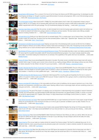 3/21/23, 8:23 AM Advanced View Arduino Projects List - Use Arduino for Projects
https://duino4projects.com/advanced-view-arduino-projects-list/?page31074=2 47/60
is simple: with a LED of a certain color…... Listed under: LED Projects
724. Arcade Button MIDI Keyboard This is a version 2.0 of one of my first forays into Arduino and DIY MIDI programming. I've developed my skills
in prototyping and design so I thought it would be a good demonstration of process and progression. With a more informed design process
I…... Listed under: Development Board – Kits Projects
725. Tilt Compensated Compass https://youtu.be/PY_17f5RByI This instructable explains how to make a tilt compensated compass using an
Arduino UNO R3, an LCD display, and an IvenSense MPU-9250 multi-chip-module that contains an MPU-6050 accelerometer / gyro and an
AK8963 magnetometer within the same package. The LCD simultaneously displays the Heading,…... Listed under: LCD Projects
726. Automatic Gate Slider Under $100 Over the summer, my dad motivated me to look into buying a gate automation system and setting it up.
So I started my research and looked into package solutions on AliExpress and local vendors. The local vendors were offering complete
solutions including installation for …... Listed under: Home Automation Projects
727. Animated Word Clock Build your own Word Clock with an animated display. This is a simple project uses an Arduino Nano, Color LEDs and
includes a stylish 3D Printed Case. The Word Clock has three animated patterns- Matrix style - Typewriter Style - Rainbow Color The three
buttons…... Listed under: Clock – Timer Projects
728. Temperature Controlled Vaccine  Insulin Cooler Keeping cool saves lives In the developing world, vaccines are the front line of defense
against dangerous illnesses such as Ebola, Influenza, Cholera, Tuberculosis and Dengue to name a few. Transporting vaccines and other life-
saving materials such as insulin and blood require careful temperature control.…... Listed under: Temperature Measurement Project Ideas
729. New Wireless IOT Sensor Layer for Home Environmental Monitoring System This Instructable describes a lower-cost, battery-powered wireless
IOT sensor layer for my earlier Instructable: LoRa IOT Home Environmental Monitoring System. If you haven't already viewed this earlier
Instructable, I recommend reading the introduction for an overview of the capabilities of the system which are now extended…... Listed under:
Wireless Projects
730. Arduino RC Robot https://youtu.be/ytwDgwwSEc0 Description A durable, 3D printed, remote controlled Arduino based robot with several
hundred meters range. A modular quick-connect motor scheme lets you rapidly prototype different robot designs without any tools. Perfect
for robotics education for kids. Whats it all about? So you've just started…... Listed under: Robotics – Automation Projects
731. EqualAir: Wearable NeoPixel Display Triggered by Air Pollution Sensor https://youtu.be/WUYE5HS9Gtc The aim of the project is to make a
wearable t-shirt that displays an evocative graphic when air pollution is above a set threshold. The graphic is inspired by the classic game
brick breakers, in that the car is like a paddle which spits…... Listed under: Sensor – Transducer – Detector Projects
732. DIY RGB-LED Glow Poi With Remote Control Introduction Hello Everyone!This is my first guide and (hopefully) the first one in a series of
guides on my quest to create an open-source RGB-LED visual poi. To keep it simple first, this is going to result in a simple led-poi featuring
remote control via…... Listed under: LED Projects
733. Arduino-controlled DIY Coffee Roaster In this Instructable we will have a look at modifying a hot-air popcorn machine to turn it into a fully
automatic and temperature-controlled home coffee roaster. Roasting coffee at home is surprisingly simple, and even something as basic as a
frying pan can do the…... Listed under: Other Projects
734. Low Cost Bioprinter The goal of this project is to develop a low-cost bioprinter to make bioprinting more accessible to research institutions.
Currently, low-end bioprinters cost approximately $10,000 while high-end bioprinters cost approximately $170,000. In contrast, our printer
can be built for approximately $375. Supplies: Parts: Ramps 1.4: https://www.amazon.com/HiLetgo-Control-Printer-Su...Arduino…... Listed
under: CNC Machines Projects
735. Super Stylish Automatic Cat Feeder https://youtu.be/uVHh2rHcWi4 Jojo is a super handsome cat.I love him in every aspect, except he keeps
waking me up everyday 4am in the morning for his food, so it's time to get an automatic cat feeder to save my sleep. However, he is so
handsome that…... Listed under: Motor Projects
736. Raft Bird Repeller In this project I will show you how to build a solar-powered Raft Bird Repeller that will get rid of those pesky birds that
poop on your raft. Step 1: Intro https://youtu.be/Z9JdDufT_Ss If you have ever been on a raft, you know just how relaxing…... Listed under:
Solar energy projects
737. Motion Tracking Face https://youtu.be/Nqh3Ej8qfTU Meet Chartreuse! Chartreuse's face follows you when you walk by. When she sees you,
her eyes turn yellow and she gets a happy expression in her eyes. As you walk away, her eyes change to blue and she sadly turns away.
Chartreuse is powered…... Listed under: LED Projects
738. Project Small Car This car was made as a creative activity for students from Erazmus project. The Small Car celebrated big succes. So I've
decided to share this small, unassuming and yet very educative project with community. It's ideal to entertain students, for instance during
public open day…... Listed under: Car Projects
739. Steam Linked Display Shelf Back Story My brother has Funko POP figures that represent his characters that his friends play most often in
video games. We thought that it would be cool if they had a display case that would have LEDs in it to represent their status on…... Listed
under: LED Projects
 