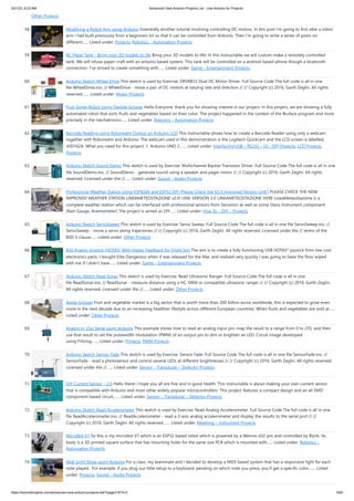 3/21/23, 8:23 AM Advanced View Arduino Projects List - Use Arduino for Projects
https://duino4projects.com/advanced-view-arduino-projects-list/?page31074=2 5/60
Other Projects
58. Modifying a Robot Arm using Arduino Essentially another tutorial involving controlling DC motors. In this post I’m going to first alter a robot
arm I had built previously from a beginners kit so that it can be controlled from Arduino. Then I’m going to write a series of posts on
different…... Listed under: Projects, Robotics – Automation Projects
59. RC Paper Tank – Bring your 3D models to life Bring your 3D models to life! In this instructable we will custom make a remotely controlled
tank. We will infuse paper-craft with an arduino based system. This tank will be controlled on a android based phone though a bluetooth
connection. I've strived to create something with…... Listed under: Game – Entertainment Projects
60. Arduino Sketch Wheel Drive This sketch is used by Exercise: DRV8833 Dual DC Motor Driver. Full Source Code The full code is all in one
file WheelDrive.ino. // WheelDrive - move a pair of DC motors at varying rate and direction // // Copyright (c) 2016, Garth Zeglin. All rights
reserved.…... Listed under: Motor Projects
61. Fruit Sorter Robot Using Flexible Gripper Hello Everyone, thank you for showing interest in our project. In this project, we are showing a fully
automated robot that sorts fruits and vegetables based on their color. The project happened in the context of the Bruface program and more
precisely in the mechatronics…... Listed under: Robotics – Automation Projects
62. Barcode Reading using Roborealm Output on Arduino LCD This Instructable shows how to create a Barcode Reader using only a webcam
together with Roborealm and Arduino. The webcam used in this demonstration is the Logitech Quickcam and the LCD screen is labelled,
JHD162A. What you need for this project: 1. Arduino UNO 2.…... Listed under: Interfacing(USB – RS232 – I2c -ISP) Projects, LCD Projects,
Projects
63. Arduino Sketch Sound Demo This sketch is used by Exercise: Multichannel Bipolar Transistor Driver. Full Source Code The full code is all in one
file SoundDemo.ino. // SoundDemo - generate sound using a speaker and pager motor // // Copyright (c) 2016, Garth Zeglin. All rights
reserved. Licensed under the //…... Listed under: Sound – Audio Projects
64. Professional Weather Station Using ESP8266 and ESP32 DIY (Please Check the V2.0 Improved Version Link!) PLEASE CHECK THE NEW
IMPROVED WEATHER STATION LINEAMETEOSTAZIONE v2.0! LINK VERSION 2.0 LINEAMETEOSTAZIONE HERE LineaMeteoStazione is a
complete weather station which can be interfaced with professional sensors from Sensirion as well as some Davis Instrument component
(Rain Gauge, Anemometer) The project is aimed as DIY…... Listed under: How To – DIY – Projects
65. Arduino Sketch ServoSweep This sketch is used by Exercise: Servo Sweep. Full Source Code The full code is all in one file ServoSweep.ino. //
ServoSweep - move a servo along trajectories // // Copyright (c) 2016, Garth Zeglin. All rights reserved. Licensed under the // terms of the
BSD 3-clause…... Listed under: Other Projects
66. $50 Analog Joystick (HOTAS) With Haptic Feedback for Flight Sim The aim is to create a fully functioning USB HOTAS* joystick from low cost
electronics parts. I bought Elite Dangerous when it was released for the Mac and realised very quickly I was going to have the floor wiped
with me if I didn't have…... Listed under: Game – Entertainment Projects
67. Arduino Sketch Read Sonar This sketch is used by Exercise: Read Ultrasonic Ranger. Full Source Code The full code is all in one
file ReadSonar.ino. // ReadSonar - measure distance using a HC-SR04 or compatible ultrasonic ranger // // Copyright (c) 2016, Garth Zeglin.
All rights reserved. Licensed under the //…... Listed under: Other Projects
68. Apple Gripper Fruit and vegetable market is a big sector that is worth more than 200 billion euros worldwide, this is expected to grow even
more in the next decade due to an increasing healthier lifestyle across different European countries. When fruits and vegetables are sold at…...
Listed under: Other Projects
69. Analog In, Out Serial using Arduino This example shows how to read an analog input pin, map the result to a range from 0 to 255, and then
use that result to set the pulsewidth modulation (PWM) of an output pin to dim or brighten an LED. Circuit image developed
using Fritzing.…... Listed under: Projects, PWM Projects
70. Arduino Sketch Sensor Fade This sketch is used by Exercise: Sensor Fade. Full Source Code The full code is all in one file SensorFade.ino. //
SensorFade - read a photosensor and control several LEDs at different brightnesses // // Copyright (c) 2016, Garth Zeglin. All rights reserved.
Licensed under the //…... Listed under: Sensor – Transducer – Detector Projects
71. DIY Current Sensor – 2.0 Hello there! I hope you all are fine and in good health. This instructable is about making your own current sensor
that is compatible with Arduino and most other widely popular microcontrollers. This project features a compact design and an all SMD
component based circuit,…... Listed under: Sensor – Transducer – Detector Projects
72. Arduino Sketch Read Accelerometer This sketch is used by Exercise: Read Analog Accelerometer. Full Source Code The full code is all in one
file ReadAccelerometer.ino. // ReadAccelerometer - read a 3-axis analog accelerometer and display the results to the serial port // //
Copyright (c) 2016, Garth Zeglin. All rights reserved.…... Listed under: Metering – Instrument Projects
73. MicroBot V1 So this is my microbot V1 which is an ESP32 based robot which is powered by a Wemos d32 pro and controlled by Blynk. Its
body is a 3D printed square surface that has mounting holes for the same size PCB which is mounted with…... Listed under: Robotics –
Automation Projects
74. Midi Light Show using Arduino For a class, my teammate and I decided to develop a MIDI based system that has a responsive light for each
note played. For example, if you plug our little setup to a keyboard, pending on which note you press, you'll get a specific color.…... Listed
under: Projects, Sound – Audio Projects
 