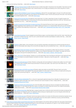 8/22/23, 11:47 AM Advanced View Arduino Projects List - Use Arduino for Projects
https://duino4projects.com/advanced-view-arduino-projects-list/?page31074=2 11/59
I show you how build your Smart Desk…... Listed under: Other Projects
156. Mechanical 7 Segment Display V2 Hello and welcome back to another Instructable. In the previous two Instructables, I have shown you how I
created PCB coils in Kicad using a Python script, covered the basics of an H bridge, and showed you how I will be using them to control…...
Listed under: Other Projects
157. Extending GPIOs of ESP8266-01 and IoT || Exploring ESP8266:Part 3 Hello all! This instructable happens to be part 3 of my ESP series where I
continue to experiment and explore the various features of the ESP 8266-01 board. In the first and second part of the series I have mentioned
the wonderful capability of this…... Listed under: Other Projects
158. Floating and Spinning Earth Globe The objectives of this project were (1) to make an object float, by means of magnetic levitation and
controlled by an Arduino Nano and (2) documenting the whole process allowing other people to build one on their own. There were some
requirements, too. First, I…... Listed under: Other Projects
159. soundie: a musical touch-sensitive light-up hoodie using Arduino This tutorial will show you how to create a garment that changes its
behavior depending on how conductive you are. It detects conductivity through iron-on conductive fabric that we will use, and it will light up
and sing different notes depending on how you touch…... Listed under: Game – Entertainment Project Ideas, How To – DIY – Project Ideas,
Ideas
160. Arduino Board Sound Alarm I’ve just completed my second Arduino project, a sound level detector which sets off an “alarm” when there’s the
sound level is to high for too long. I built it for use in a school that wants to provide visual feedback to students when they…... Listed under:
Projects, Security – Safety Projects
161. Teamaker 2.0 What's better in the morning than a hot cup of tea?You should keep to the brewing time so that the tea tastes the way you
want it to. Unfortunately, there's always a lot to do and the timer beeps when you're somewhere else. So we…... Listed under: Other Projects
162. Visual Network Threat Level Indicator using Arduino Network monitoring is very important in todays world. The internet is a scary place.
People have taken steps to raise their awareness by installing Intrusion Detection Systems(IDS) such as SNORT. The problem with most of
these systems is that upon first installing them they are…... Listed under: Ideas, Internet – Ethernet – LAN Project Ideas
163. Wilson – the IoT Hat Hi There, Recently, I finished up on my DIY project Wilson: the IoT hat. Because of the big fun I had creating and using
this IoT hat, and given the wonderful feedback it provided to the wearer, I really want to share this project with…... Listed under: Other
Projects
164. Flicker up to 6 LEDs with Arduino Hi there. Christmas is coming closer, and I was wondering if I could put some candles in my room to get in
the "christmas mood". But after a friends house burned down of christmas tree candles, I don't want to burn real candles into my…... Listed
under: LED Projects, Projects
165. Displaying Images on 4D OLEDS using Arduino 4D Systems makes some really nice serial OLEDS. They aren't hard to use, but the
documentation for them is very scattered. This tutorial pulls together the various pieces i've found so that you can get up and running very
quickly. Start by skimming through the…... Listed under: Video – Camera – Imaging Projects
166. ARDUINO AIRGUN CHRONOGRAPH This is a chrono for measuring the speed and energy of an air rifle pellet. It's pretty fast and could
probably be used for other types of gun, (airsoft , full bore etc) but I have not tested it on them. I initially made this…... Listed under:
Temperature Measurement Projects
167. Program your Arduino with an Android device Hi, in this Instructable I want to show you, how you can program your Arduino with your
Android device. It is very simple and cheap. Also it allows us to program our Arduino where ever we want, this is usefull for permanently
installed Arduino boards,…... Listed under: Arduino Android, Electronics News Updates
168. Deej – a Physical Volume Mixer Meet deej! deej is a physical voulume mixer. Just like the volume mixer built into windows, just physical! This
means that you can change the volume of an application without closing your important game. You can turn the game volume down and
Discord volume up,…... Listed under: Sound – Audio Projects
169. Arduino stoplight web server At the place I work, we use xymon to monitor of our servers. All of the services monitored are important, but we
wanted a separate indicator to simply show the overall health of the most critical systems. Furthermore, we came up with the following
criteria:…... Listed under: Internet – Ethernet – LAN Projects, Projects
170. Power off from an Arduino Sketch using the Pololu Power Switch If you need an Arduino to shut off from within your Sketch, this is the solution. We will explore
wiring the Pololu Pushbutton Power Switch, programming the Arduino to shut off the power, and making the unit "power on" only. The Pololu Pushbutton
Power Switch…... Listed under: Interfacing(USB – RS232 – I2c -ISP) Projects
 