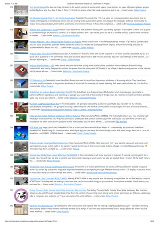 8/22/23, 11:47 AM Advanced View Arduino Projects List - Use Arduino for Projects
https://duino4projects.com/advanced-view-arduino-projects-list/?page31074=2 38/59
576. Anti-Social Glasses You look up, they tilt down! A tilt switch controls 2 servos which open/ close shutters on a pair of custom glasses. project
by Rob Faulkner and You-Wen Ji Step 1: Parts (1) 30 x 60 cm plastic sheet (We used polystyrene but its up…... Listed under: Other Projects
577. IoT Desktop Console. Part : 11 IoT, Home Automation Preamble This article, the 11th in a series on home automation documents how to
create and integrate an IoT Desktop Device into an existing home automation system including all the necessary software functionality to
enable the successful deployment within a domestic environment. Picture 1 shows the completed…... Listed under: Home Automation Projects
578. Robotic Arm Controlled by Glove Purpose: Gain experience, and problem-solving skills by creating a project to complete Outline- Use a glove
to connect through an arduino to control a 3-D robotic printed arm. Each of the joints on the 3-D printed arm has a servo which connects
to the flex…... Listed under: Robotics – Automation Projects
579. Aerobic Arduino – a $15 Fitness Tracker Power by an Arduino Please vote for this in the fitness challenge instead of a Fitbit or a smartwatch,
you can build an Arduino powered fitness tracker for only $15! It tracks the pumping motion of your arms while running and uses an
accelerometer to detect this. It is…... Listed under: Security – Safety Projects
580. Arduino Ultra Mega Timers https://youtu.be/_PL-bci4e0s Hi! Arduino Timer with on/off setpoint is my most viewed instructable by far, so i
got a lot of questions in the comments, inbox and youtube, about how to add minutes,seconds, days and save settings on the eeprom.... so i
decided to bring an…... Listed under: Clock – Timer Projects
581. Arduino Energy Meter – V2.0 Hello friend, welcome back after a long break. Earlier I have posted an Instructables on Arduino Energy
Meter which was mainly designed to monitor the power from the solar panel (DC Power) in my village. It became very popular on the internet,
lots of people all over…... Listed under: Metering – Instrument Projects
582. DIY Telematics Box Telematics boxes (aka Black Boxes) are used to record and log various attributes of a moving vehicle. They have been
primarily used in airplanes to log various attributes of an aircraft, for example, air speed, heading, fuel levels, radio chatter etc. It is the first…...
Listed under: Other Projects
583. ArduMeter: an Arduino Based Multimeter (Sort Of) The ArduMeter is an Arduino Based Multimeter, which many people have made to
perform different operations, and searching on google you could find all the variety of things it can do. I wanted to make one that is portable,
quite easy to use, give decent…... Listed under: Metering – Instrument Projects
584. RC Flight Data Recorder/Black Box In this instructable I am going to be building a arduino based fight data recorder for RC vehicles,
specifically RC aeroplanes. I am going to be using a UBlox Neo 6m GPS module connected to an arduino pro mini and a SD card shield to…...
Listed under: Temperature Measurement Projects, Video – Camera – Imaging Projects
585. Make an Illuminated Rainbow Synthesizer With an Arduino! https://youtu.be/MOnr_VLFBWg This Instructable shows you how to add a high-
resolution touch screen to your Arduino and make a synthesizer that controls colored LEDs! The techniques you learn here can serve as a
foundation for other touch screen projects! In this Instructable, you will learn: Where…... Listed under: LED Projects
586. RGB Box Clock https://youtu.be/7inXakX4XOs This is a clock and decorative RGB Led Matrix It's controlled by a Colorduino Shield and
NodeMCU v3 Board using i2C communication. With Blynk app you can setup the alarm,change colors and other things. Parts list is: LoLin V3
NodeMcu Lua CH340G ESP8266 Board…... Listed under: Clock – Timer Projects
587. Arduino Lilypad Controlled NeoPixel Earrings https://youtu.be/7B3Uz_2O9Rw Hello everyone, Don't you want to have such a nice and cool
earring when you go out at night or for parties? I would like to have it, that's why I made Arduino Lilypad Controlled Neopixel Earrings.
These earrings don't just light up.…... Listed under: Pinouts
588. Control Your Model Train Layout With Your TV REMOTE! In this instructable, I will show you how to make an IR remote control system for a
model train. You will then be able to control your trains while relaxing on your couch. So, let's get started! Step 1: Collect All the Stuff! Here is
the…... Listed under: Motor Projects
589. TerraDome : Mini Tropical Greenhouse With Arduino TerraDome is an indoor greenhouse for plants and tropical flowers shaped octagonal
dome. It is driven by an Arduino Mega that regulates temperature and lighting through different sensors and an LCD display. It also has doors
to the Jurassic Park (or Jurassic World) that opens…... Listed under: Temperature Measurement Projects
590. Smartphone / Tab Controlled ROBOT ARM !! Making ROBOT ARMs is very popular and fun among hobbyists,but it's not that easy to control a
ROBOT ARM. So today we'll be making a robot arm that can be controlled using just your Android Smartphone or tablet. Good news is, you
just need to…... Listed under: Robotics – Automation Projects
591. Riding Through Walls: Google Street View Stationary Bike Interface The Riding Through Walls: Google Street View Stationary Bike Interface
allows you to cycle through Google Street-View from the comfort of your living room. Using some simple electronics, an Arduino, a stationary
bike, a computer, and projector or TV you can explore the world without…... Listed under: Other Projects
592. NeoPixel Ring Kaleidoscope I am pleased to offer instructions and material files for making a LightLogo Kaleidoscope! I have been thinking
about doing this for many months and finally worked out a design. If you have any improvements on this design please do share! You will
need: Adafruit…... Listed under: Other Projects
 