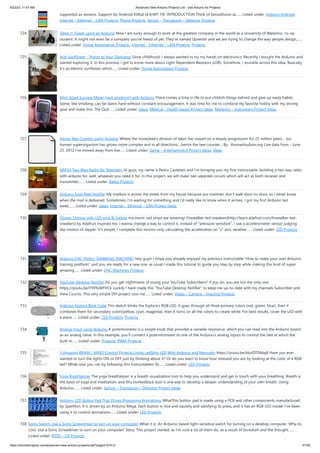 8/22/23, 11:47 AM Advanced View Arduino Projects List - Use Arduino for Projects
https://duino4projects.com/advanced-view-arduino-projects-list/?page31074=2 47/59
supported as sensors. Support for Android KitKat (4.4/API 19). INTRODUCTION Think of SensoDuino as…... Listed under: Arduino Android,
Internet – Ethernet – LAN Projects, Phone Projects, Sensor – Transducer – Detector Projects
724. Sleep n’ Tweet using an Arduino Now I am lucky enough to work at the greatest company in the world as a University of Waterloo, co-op
student. It might not even be a company you’ve heard of yet. They’re named Upverter and we are trying to change the way people design,…...
Listed under: Home Automation Projects, Internet – Ethernet – LAN Projects, Projects
725. Anti-Sunflower – Points to Your Darkness! Since childhood, I always wanted to try my hands on electronics. Recently I bought the Arduino and
started exploring it. In this process, I got to know more about Light Dependent Resistors (LDR). Somehow, I stumble across this idea. Basically,
it's an electric sunflower which…... Listed under: Home Automation Projects
726. Mint-Sized Success Meter (quit smoking!) with Arduino There comes a time in life to put childish things behind and give up nasty habits.
Some, like smoking, can be damn hard without constant encouragement. It was time for me to combine my favorite hobby with my driving
goal and make this: The Quit…... Listed under: Ideas, Medical – Health based Project Ideas, Metering – Instrument Project Ideas
727. Honey Bee Counter using Arduino Where the honeybee's division of labor has stayed on a steady progression for 25 million years... our
human superorganism has grown more complex and in all directions... hence the bee counter... By: thomashudson.org Live data from - June
25, 2012 I've moved away from live…... Listed under: Game – Entertainment Project Ideas, Ideas
728. NRF24 Two-Way Radio for Telemetry Hi guys, my name is Pedro Castelani and I'm bringing you my first instructable: building a two way radio
with arduino for, well, whatever you need it for. In this project, we will make two seperate circuits which will act as both reciever and
transmitter.…... Listed under: Radio Projects
729. Arduino Snail Mail Notifier My mailbox is across the street from my house because our mailmen don't walk door-to-door, so I never know
when the mail is delivered. Sometimes, I'm waiting for something and I'd really like to know when it arrives. I got my first Arduino last
week,…... Listed under: Ideas, Internet – Ethernet – LAN Project Ideas
730. Slipper Shining with LED strip  Xadow mo.momi Led strips are amazing! Firewalker-led-sneakers(http://learn.adafruit.com/firewalker-led-
sneakers) by Adafruit inspired me. I wanna change a way to control it, instead of pressure-sensitive, I use a accelerometer sensor judging
the motion of slipper. It's simple, I complete this version only calculating the acceleration on z axis, weather…... Listed under: LED Projects
731. Arduino CNC Plotter (DRAWING MACHINE) Hey guys! I Hope you already enjoyed my previous instructable How to make your own Arduino
training platform and you are ready for a new one, as usual I made this tutorial to guide you step by step while making this kind of super
amazing…... Listed under: CNC Machines Projects
732. YouTube Desktop Notifier Do you get nightmares of losing your YouTube Subscribers? If you do, you are not the only one.
https://youtu.be/ITI9ToWFHCk Luckily I have made this YouTube Desktop Notifier to keep me up-to-date with my channels Subscriber and
View Counts. This very simple DIY project cost me…... Listed under: Video – Camera – Imaging Projects
733. Arduino Esplora Blink Code This sketch blinks the Esplora's RGB LED. It goes through all three primary colors (red, green, blue), then it
combines them for secondary colors(yellow, cyan, magenta), then it turns on all the colors to create white. For best results, cover the LED with
a piece…... Listed under: LED Projects, Projects
734. Analog Input using Arduino A potentiometer is a simple knob that provides a variable resistance, which you can read into the Arduino board
as an analog value. In this example, you'll connect a poterntiometer to one of the Arduino's analog inputs to control the rate at which the
built-in…... Listed under: Projects, PWM Projects
735. 3 Amazing BRAIN / MIND Control Projects Lights LedStrip LED With Arduino and Neurosky https://youtu.be/kbzIDT0Aby8 Have you ever
wanted to turn the lights ON or OFF just by thinking about it? Or do you want to know how stressed you are by looking at the color of a RGB
led? While now you can by following this Instructables! To…... Listed under: LED Projects
736. Yoga Breathalyzer The yoga breathalyzer is a breath visualization tool to help you understand and get in touch with your breathing. Breath is
the basis of yoga and meditation, and this biofeedback tool is one way to develop a deeper understanding of your own breath. Using
Arduino,…... Listed under: Sensor – Transducer – Detector Project Ideas
737. Arduino LED Button Pad That Drives Processing Animations WhatThis button pad is made using a PCB and other components manufactured
by Sparkfun. It is driven by an Arduino Mega. Each button is nice and squishy and satisfying to press, and it has an RGB LED inside! I've been
using it to control animations…... Listed under: LED Projects
738. Sonic Switch: Use a Sonic Screwdriver to turn on your computer! What it is: An Arduino-based light-sensitive switch for turning on a desktop computer. Why its
cool: Use a Sonic Screwdriver to turn on your computer! Story: This project started, as I'm sure a lot of them do, as a result of boredom and the thought…...
Listed under: RTOS – OS Projects
 