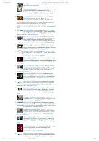 10/18/23, 9:35 AM Advanced View Arduino Projects List - Use Arduino for Projects
https://duino4projects.com/advanced-view-arduino-projects-list/?page31074=2 19/53
a keyboard, pending on which note you press, you'll get a specific color.…... Listed
under: Projects, Sound – Audio Projects
304. Arduino Sketch ReadSwitchInput This sketch is used by Exercise: Read Switch Input.
Full Source Code The full code is all in one file ReadSwitchInput.ino. //
ReadSwitchInput - read a digital input and report its value using the LED and serial
monitor // // Copyright (c) 2016, Garth Zeglin. All rights…... Listed under: LED
Projects
305. Game & MINTIA This instructables show how to use a tiny sweet box to make a
NES console. https://youtu.be/-ehaDDSYJaE Supplies TTGO T7 v1.3
https://www.aliexpress.com/af/Ttgo-t7-v1.3.html?d=... 1.54" ST7789 IPS LCD
https://www.aliexpress.com/af/1.54-st7789.html?d=y... Lipo 303040
https://www.aliexpress.com/af/lipo-303040.html?d=y... MAX98357 I2S DAC audio breakout board
https://www.aliexpress.com/af/max98357.html?d=y&or... 10*18 mm speaker
https://www.aliexpress.com/af/1018-speaker.html?d=... Thin Prototype PCB
https://www.aliexpress.com/af/lipo-303040.html?d=y... Four…... Listed under: Game – Entertainment
Projects
306. Arduino Sketch SoftBlink2 This sketch is used by Exercise: Soft Blink. Full Source
Code The full code is all in one file SoftBlink2.ino. // SoftBlink2 - fades the onboard
LED on and off. // // Copyright (c) 2016, Garth Zeglin. All rights reserved. Licensed
under the // terms of the…... Listed under: LED Projects
307. Arduino Audio Sound Level Meter This is add-on of the audio amplifier project
result which is introduced in other instructable. (https://www.instructables.com/PC-
Speaker-Amplifier/) Usually many types of sound level meters are directly
connected with input (or rarely output) signal lines of amplifier. But personally I’m
thinking any electrical connections with amplifier circuit…... Listed under: Sound – Audio Projects
308. Piano Metronome This project was conceived of after I examined the types and
styles of various off-the-shelf Metronomes. I am currently learning to play the
piano and having a Metronome in order to keep time was necessary. I felt sure that
I could build one based on…... Listed under: Sound – Audio Projects
309. Arduino Sketch SoftBlink1 This sketch is used by Exercise: Soft Blink. Full Source
Code The full code is all in one file SoftBlink1.ino. // SoftBlink1 - fades the onboard
LED on and off. // // Copyright (c) 2016, Garth Zeglin. All rights reserved. Licensed
under the // terms of the…... Listed under: LED Projects
310. Arduino Basics: Working One LED I've been encountering lots or Arduino projects
but generally most are on intermediate and advanced level and only a few basic
instructions on how to start with Arduino. This project I made were actually inspired
by this example on the Arduino page, but a much…... Listed under: Arduino LED
Project Ideas, Ideas
311. Tweet-a-Pot: Twitter Enabled Coffee Pot using Arduino Like the idea of making
coffee on the fly? from your bed? While you're on the bus coming home? Then the
Tweet-a-pot is for you! Tweet-a-pot is the next in fancy twitter enabled devices.
This coffee pot enables its owner to make a pot of…... Listed under: Home
Automation Project Ideas, Ideas
312. Making a Prototype With Arduino (TIM-01 EYES) I have been designing and
building a robot. It got to the stage where it was time to do a head for it, but
before I did the head I needed to design some Eyes for it using the Nokia screens
found cheaply on eBay. There…... Listed under: Development Board – Kits Project
Ideas
313. Arduino Sketch Fade This is a standard Arduino example sketch, copied here for
reference. Full Source Code The full code is all in one file Fade.ino. /* Fade This
example shows how to fade an LED on pin 9 using the analogWrite() function. This
example code is in the…... Listed under: LED Projects
314. 3D Printed Digital Camera This is a 3D printed digital camera that you can build
yourself. By making your own digital camera, it takes away some of the mystery
around how such devices work, and are fabricated. Also, it allows you to fully
customize the camera to your liking.…... Listed under: Video – Camera – Imaging
Projects
315. Arduino M&M Color Sorter Are you tired of sorting your m&ms by hand? Looking
for a silly way to spend your time and 3D printer filament? Then this is the
Instructable for you. This is a project that I built for one of my engineering courses,
in which we…... Listed under: Other Projects
316. Blink Arduino Sketch This is a standard Arduino example sketch, copied here for
reference. Full Source Code The full code is all in one file Blink.ino. /* Blink Turns on
an LED on for one second, then off for one second, repeatedly. Most Arduinos have
an on-board LED you…... Listed under: LED Projects
317. Acrylic Arduino Prototyping Stand I do a lot of projects with Arduino's and
breadboards. Often as I work on a messy workbench, the Arduino or breadboard
get jostled and the wires pop out of the headers or the breadboard. To solve this
problem, I decided to make a simple…... Listed under: Ideas, Interfacing(USB –
RS232 – I2c -ISP) Project Ideas
318. Arduino OLED Spectrum Analyzer Image: Today I am make an Arduino OLED
Spectrum Analyzer its work with 0 to 3.3v Analog input. This is very smooth and
clear Visualization of audio frequencies. This is very important to make an audio
spectrum analyser for DVD Music player, IPod, MP3 player…... Listed under: Other
Projects
319. The LED Strip Jellyfish Costume with Arduino & LPD8806 Led Strips It all started
when I saw a BBC documentary in 2002 about deep waters of the ocean. There was
a biolimunescent jellyfish in the documentary, probably of the species
"ctenophores" that grabbed my attention so in the later years I decided use it as a
Halloween costume.…... Listed under: LED Projects
320. How to use a while loop to calibrate the value of an analog sensor using Arduino
Sometimes you want everything in the program to stop while a given condition is
true. You can do this using a while loop. This example shows how to use a while
 