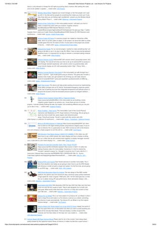 10/18/23, 9:35 AM Advanced View Arduino Projects List - Use Arduino for Projects
https://duino4projects.com/advanced-view-arduino-projects-list/?page31074=2 30/53
device is only allowed to change the LED lights by pushing down a button; after adding the codes
and circuits (added: a speaker…... Listed under: LED Projects
494. Wireless Mood Meter Suppose your mood changes so fast that people can't cope
up with it. You feel sad but people do something that makes you more sad. If only
they knew what you are feeling right now!Behold, I present you the Wireless Mood
Swing Meter!! Place it…... Listed under: Metering – Instrument Projects
495. Arduino 8 Key Tinfoil Piano In this Instructables tutorial, I will teach you how to
make a simple 8 key piano with your Arduino. Supplies: Arduino
BoardBreadboard10MΩ Resistor*8Arduino mini box
speakerWires/JumpersTapeCardboardTinfoil(optional) Hot glue gun Step 1: Gather
Supplies Here is what you'll need: Arduino BoardBreadboard10MΩ Resistor*8 (1MΩ Resistors work
too)Arduino…... Listed under: Sound – Audio Project Ideas
496. Arduino Snake LED Game In a previous project we created an interactive coffee
table, which lit up leds under an object. In this project, we reuse that table to create
a snake game from the 2D matrix of LEDs. If some parts of the project are unclear,
it may be…... Listed under: Game – Entertainment Project Ideas
497. Delayed Dog Feeder For our second project, I wanted to make something that I am
going to be able to use in my day to day life. When I have to leave during awkward
mealtime hours, it's important for my dog to maintain a consistent eating schedule,
and…... Listed under: Other Projects
498. Arduino Volume Control ArduinoUNO with volume control, pause/play button, and
LCD display: This tutorial will show you how to set up an arduinoUNO to produce a
tone through standard earphones, with volume control via potentiometer, with
visual volume display via LCD, with pause/play button. Step 1: Pieces, Parts…...
Listed under: Other Projects
499. Arduino Cyclone Reaction Time Game In this instructable, we walk through how I
made a Cyclone - type arcade game using an Arduino. This game also includes a
reaction timer mode. Let's get started! A list of things you will need: Arduino
UnoLCD ScreenMCP23017 serial port expander2 pushbuttonsLEDs of differing…...
Listed under: Game – Entertainment Projects
500. SafeT-Park System This device will help protect parking structures by implementing
three safety concepts into an IOT device. Automated emergency response system,
in the case of parking structure fires Integrated temperature and altitude sensor to
pinpoint the location of the fire Activated pressure system to mitigate radiation…...
Listed under: Other Projects
501. Arduino Home Irrigation System With a 7 Segment Display
https://youtu.be/Iu4rbQRmRWo In this instructable we are building a home
irrigation system based on an arduino uno. I know there are tons of similiar
projects / tutorials already floating the web, but maybe I did something different and you can pick
up an idea or two.…... Listed under: Irrigation Projects
502. Alone Together – Plant Lamps This instructable is part of the course Physical
Interaction and Realization at KTH, Royal Institute of Technology. We are going to
teach you how to build two, quite organic and interactive plant-
lamps, Thorulf and Svamp. Thorulf is a plant with flex sensors and LEDs
while Svamp is a collection of mushrooms…... Listed under: Sensor – Transducer – Detector Projects
503. Blink an LED With Arduino in Tinkercad https://youtu.be/yyG0koj9nNY Let's learn
how to blink an LED (light emitting diode) using Arduino’s digital output. If you’re
new to Arduino, this is a great place to start. We'll connect an LED to the Arduino
Uno and compose a simple program to turn the LED on…... Listed under: LCD Projects
504. SMS Monitor || Dot Matrix Display || MAX7219 || SIM800L In this video, you will
learn how to use a GSM module, dot matrix display and how to display scrolling
text on it. After that we will combine them together to display messages received
over a GSM SIM to a dot matrix display. It is…... Listed under: Other Projects
505. Premiere Pro Edit Dial Controller (Seek / Play / Pause) ($6 DIY)
https://youtu.be/FACm5D3bskQ Update!!! New version is here!! I’m really into
making Youtube videos for Instructables. Sometimes it is hard to rewind the
moment I wanted to pause. So, I thought it would be nice if I had a dial for it. [
Instruction ] Manual https://eunchan.me/PREMIERE-PRO-CONTROLLER-DIAL-DI... Source
Code https://github.com/happythingsmaker/PremiereProDi...…... Listed under: How To – DIY –
Projects
506. Arduino RFID Lock Tutorial Dear friends welcome to another Instructable. This is
Nick from educ8s.tv and today we are going to learn how to use this RFID Reader
with Arduino in order to build a simple lock system. For the first time, we are going
to use RFID tags…... Listed under: RFID - NFC projects
507. 6WD Shock Absorption Robot for Arduino The new design of the 6WD mobile
platform, the vehicle uses 2mm aluminum alloy, aluminum spray surface treatment.
6 high-speed DC motor (original 17000 rpm), with 1:34 full metal gear box, so that
the car to obtain strong off-road performance. Shock absorption design is the…...
Listed under: Robotics – Automation Projects
508. Automated LEGO BB-8! We absolutely LOVE the new LEGO Star Wars sets that have
come out over the last couple of years. They're well designed, fun to build, and
look great. What would make them even more fun is if they also moved on their
own! We took…... Listed under: Robotics – Automation Projects
509. Arduino RC Car Wheel This is an Instructable of my Arduino RC car Wheel in which I
took a cheap RCcar and made it so the Arduino could act as a wheel, controlling
the direction it goes automatically. The Arduino RC car Wheel is my first original
Arduino design…... Listed under: Car Projects
510. Arduino Based CNC Plotter Made From Scrap DVD/CD Drives Indeed, the world of
web has quad trillion tons of information but when you want to build anything you
need all the intricate little details. There are already a number of good DIYs,
Tutorials and YouTube videos on the topic but I was unable to…... Listed under:
CNC Machines Projects
511. Arduino Based USB Paper Gesture Mouse Please vote for me in the conests I have always been
pretty amazed by the Capacitive sensor library of Arduino, It makes me feel like a super human, I
 