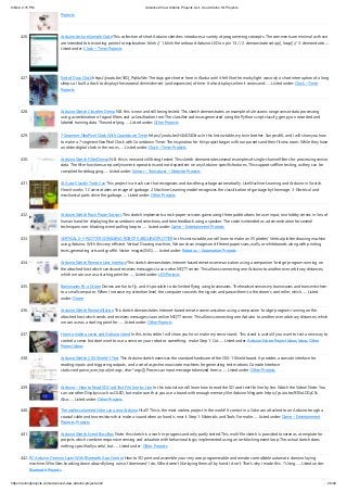 9/6/22, 2:15 PM Advanced View Arduino Projects List - Use Arduino for Projects
https://duino4projects.com/advanced-view-arduino-projects-list/ 26/49
Projects
426. Arduino Lecture Sample Code This collection of short Arduino sketches introduces a variety of programming concepts. The comments are minimal as these
are intended to be starting points for explanation. blink // 1. blink the onboard Arduino LED on pin 13. // 2. demonstrate setup(), loop() // 3. demonstrate…...
Listed under: Clock – Timer Projects
427. End of Days Clock https://youtu.be/33Q_PqhLzWw The days got shorter here in Alaska until it felt like the murky light was only a short interruption of a long
sleep so I built a clock to display the seasonal diminishment (and expansion) of time. It also displays when it snows and…... Listed under: Clock – Timer
Projects
428. Arduino Sketch Classifier Demo N.B. this is new and still being tested. This sketch demonstrates an example of ultrasonic range sensor data processing
using a combination of signal filters and a classification tree. The classifier code was generated using the Python script classify_gen.py on recorded and
labeled training data. The underlying…... Listed under: Other Projects
429. 7-Segment NeoPixel Clock With Countdown Timer https://youtu.be/H4J4Cl4Dduc In this Instructable, my twin brother, Sunyecz06, and I will show you how
to make a 7-segment NeoPixel Clock with Countdown Timer. The inspiration for this project began with our parents and their fitness room. While they have
an older digital clock in the room,…... Listed under: Clock – Timer Projects
430. Arduino Sketch FilterDemos N.B. this is new and still being tested. This sketch demonstrates several examples of single-channel filters for processing sensor
data. The filter functions are purely numeric operations and not dependent on any Arduino-specific features. This supports offline testing, as they can be
compiled for debugging…... Listed under: Sensor – Transducer – Detector Projects
431. AI Auto-Classify Trash Can This project is a trash can that recognizes and classifies garbage automatically. Use Machine-Learning and Arduino in Scratch.
How it works 1. Camera takes an image of garbage. 2. Machine-Learning model recognizes the classification of garbage by the image. 3. Electrical and
mechanical parts drive the garbage…... Listed under: Other Projects
432. Arduino Sketch Rock Paper Scissors This sketch implements a rock-paper-scissors game using three pushbuttons for user input, two hobby servos in lieu of
human hand for displaying the countdown and selections, and tone feedback using a speaker. The code is intended as a demonstration for several
techniques: non-blocking event polling loop to…... Listed under: Game – Entertainment Projects
433. VERTICAL X-Y PLOTTER || DRAWING ROBOT || ARDUINO PLOTTER In this instructable, we will learn to make an XY plotter/ Vertical plotter drawing machine
using Arduino. With this very efficient Vertical Drawing machine, We can draw images on different paper sizes, walls, or whiteboards along with printing
texts, generating arts and graffiti. Vector images(SVG)…... Listed under: Robotics – Automation Projects
434. Arduino Sketch Remote User Interface This sketch demonstrates Internet-based remote communication using a companion ‘bridge’ program running on
the attached host which sends and receives messages via an online MQTT server. This allows connecting one Arduino to another over arbitrary distances,
which we can use as a starting point for…... Listed under: LED Projects
435. Brainwaves Fly a Drone Drones are fun to fly, and it’s possible to do limited flying using brainwaves. The headset senses my brainwaves and transmits them
to a small computer. When I increase my attention level, the computer converts the signals and passes them to the drone’s controller, which…... Listed
under: Drone
436. Arduino Sketch RemoteStation This sketch demonstrates Internet-based remote communication using a companion ‘bridge’ program running on the
attached host which sends and receives messages via an online MQTT server. This allows connecting one Arduino to another over arbitrary distances, which
we can use as a starting point for…... Listed under: Other Projects
437. How to make a servo and Ardiuno stand In this instructible I will show you how I make my servo stand.  This stand is useful if you want to test a new way to
control a servo but dont want to use a servo on your robot or something.  make Step 1: Cut…... Listed under: Arduino Motor Project Ideas, Ideas, Other
Project Ideas
438. Arduino Sketch CKS-Shield-1-Test This Arduino sketch exercises the standard hardware of the CKS-1-Shield board. It provides a console interface for
reading inputs and triggering outputs, and a set of asynchronous state machines for generating test motions. Console Interface
static void parse_user_input(int argc, char *argv[]) Process an input message tokenized from a…... Listed under: Other Projects
439. Arduino – How to Read SD Card Text File Line by Line In this tutorial we will learn how to read the SD card text file line by line. Watch the Video! Note: You
can use other Displays such as OLED, but make sure that you use a board with enough memory like Arduino Mega,etc https://youtu.be/930oLDGyCSs
Also…... Listed under: Other Projects
440. The useless alarmed Coke can using Arduino Hi all! This is the most useless project in the world! It consist in a Coke can attached to an Arduino trough a
coaxial cable and two resistors that make a sound when an hand is near it. Step 1: Materials and Tools For make…... Listed under: Game – Entertainment
Projects, Projects
441. Arduino Sketch Event Busy Box Note: this sketch is a work-in-progress and only partly tested. This multi-file sketch is provided to serve as a template for
projects which combine responsive sensing and actuation with behavioral logic, implemented using a non-blocking event loop. The actual sketch does
nothing specifically useful, but…... Listed under: Other Projects
442. RC Arduino Domino Layer With Bluetooth App Control How to 3D print and assemble your very own programmable and remote controllable automatic domino laying
machine. Who likes knocking down absurdly long runs of dominoes? I do. Who doesn't like laying them all by hand. I don't. That's why I made this. ? Using…... Listed under:
Bluetooth Projects
 