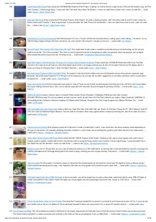 9/6/22, 2:15 PM Advanced View Arduino Projects List - Use Arduino for Projects
https://duino4projects.com/advanced-view-arduino-projects-list/ 36/49
598. Tunnel Book With Pinoo https://youtu.be/nxLPUPADWy0 Purpose of the Project: Creating a tunnel book with a light sensor (LDR) and led module using the Pino
Card. Duration: 2 lessons Age Group: 7 years and older Set Used: Pinoo Basic Set Benefits: • Learns to code Pinoo control card • Learns to code the…... Listed
under: Sound – Audio Project Ideas
599. Zoetrope With Pinoo https://youtu.be/sIY7vYLaDoo Purpose of the Project: To create a Zoetrope system with the button module and DC motor using the
Pinoo control card. Duration: 2 lessons Age Group: 9 years and older Set Used: Pinoo Full Set Benefits: • Learns to code Pinoo control card • Learns to code
the…... Listed under: Sound – Audio Project Ideas
600. Arduino/Unity Car Driving Experience Idea behind project Hi, I am a 12-year-old kid who loves electronics, coding, space, and building. I remember, on my
10th birthday, I began sitting in the front seat of our car, and I loved it. Not only did I not get car sick, but…... Listed under: Car Projects
601. Contact Digital Thermometer With Deep Sleep [Attiny85] This might seem totally useless, considering how advance current technology can be and you
might even be like "Tsk! a Thermometer?" But there is a lot of experiment based on temperature (water temperature, room temperature, etc) so digital
thermometer becomes a key instrument for temperature…... Listed under: Temperature Measurement Projects
602. Hack Wrist Watch LCD With Arduino || D-type LCD || Arduino Digital Watch|| Vishal Soni https://youtu.be/_lHsXlv9sZ8 Please subscribe to my YouTube
channel. In this tutorial we will hack our old school digital watch which is no longer working now. So let's fix the watch Control it's LCD display which is
known as D-type LCD display. Step 1: Open the Watch Take the…... Listed under: Clock – Timer Projects
603. Automatic Soap Dispenser With Hand Wash Timer This project I wanted to build a better and more full-featured version of my present automatic soap
dispenser. Automatic Soap Dispenser V1.0 This one can be improved a lot, and you left excellent suggestions in the video comments which I would like to
incorporate in…... Listed under: Clock – Timer Projects
604. Improved Artwork Clock Want to improved some piece of artwork? Surprise your friends by showing day time through it! You will find in this instructables
the way of making the same clock I did, it can totally be improved with strip leds, 3d printed supports, painting skill and…... Listed under: Clock – Timer
Projects
605. SIMON SAYS BOX Authors: Jackelyn Garcia- JGarcia8710@csum.edu Hector Villalobos- HVillalobos7936@csum.edu Allan Hambly-
AHambly1472@csum.edu (For more questions contact us at our emails above) Here is the YouTube video for our project: https://youtu.be/_aWlVS0qf_Q
Acknowledgements: California Maritime Academy (ET Department) Professor Chang-Siu Erin Cole Gage Sturgeon Jack Whelan The Idea: The…... Listed
under: LCD Projects
606. IMU Controlled LED Cube (Simon Says) Authors: Bella Lax Tianle Zhai Alex Clark With Help and Thanks To: Professor Chang-Siu (ET-370) Professor Clyatt (ET-
370L) Erin Cole Cal Maritime Project Abstract: This new take on the classic Simon Says game utilized a motion processing unit and the six faces of a cube…...
Listed under: LED Projects
607. Gesture Sensing E-textiles After playing around with Freetouch to make a knitted fabric switch, it was found that the sensor reading varied depending on
the type of interactions. For example, prodding the fabric resulted in a much lower sensor reading than grabbing the fabric. Based on this observation,…...
Listed under: Sensor – Transducer – Detector Projects
608. Stone-Paper-Scissors Game With Pinoo https://youtu.be/J32Z-YdQCFs Purpose of the Project: Creating a rock-paper-scissors game with a servo motor
module, joystick module, module with lcd (I2c) and distance sensor using the Pinoo control card. Duration: 2 lessons Age Group: 7 years and older Pinoo
Set: Maker Set, Full Set. Benefits: • Learns to code Pinoo…... Listed under: Game – Entertainment Projects
609. Memory Lamp [ Intro ] This product can you a way to keep your memory in a self-made frame, combining with a lamb decorated by yourself, increasing the
visibility and exposure of the image being kept in the memory lamp, creating your own unique memory. Features of…... Listed under: Memory – Storage
Project Ideas
610. Glowing Garden For this project, I wanted to create an interaction that would seamlessly combine the natural and the digital to make a cohesive project
which sparked wondering and curiosity. I was inspired by the idea of a fairy garden and wanted to make a plant that…... Listed under: Sensor – Transducer –
Detector Projects
611. DIY Robot Head Made Out of RGB LED Lights In this instructable, you will be taught how to make a decorative robot head light by using RGB LED lights to
create a visual effect in the robot's mouth, the lights can shine brightly colored rainbow lights back and forth, almost as if the robot…... Listed under:
Robotics – Automation Projects
612. Simple Arcade Button Ideas for Your Projects One thing that I've always needed for my projects is a simple form of input and output. At first, it was a simple
push button and an led on a breadboard. The breadboard mounted buttons are inconvenient. So I created a 3D printed stand to…... Listed under: Ideas
613. Social Distancing Robot This instructable was created in fulfillment of the project requirement of the Make course at the University of South Florida (www.makecourse.com).
The Social Distancing Robot is a robot concerned with its health in the midst of the current pandemic. It has an RGB LED to…... Listed under: Robotics – Automation Projects
 