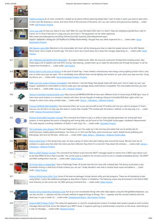 2/18/23, 8:48 AM Advanced View Arduino Projects List - Use Arduino for Projects
https://duino4projects.com/advanced-view-arduino-projects-list/ 53/60
824. Freeform Arduino As an artist, sometime I created an art pieces without planning ahead what I want to draw or paint, just want to add colors
or lines onto the drawing or canvas, and never think of the outcome of the piece. Let's our own instinct and subconscious leading…... Listed
under: LED Projects, Projects
825. L.O.G. sous vide So have you heard of sous vide? Well, this Lazy Old Geek (LOG) hasn’t or hadn’t. http://en.wikipedia.org/wiki/Sous-vide It’s
French. So it’s kind of like boil-in-a-bag only you don’t boil it. The equipment can be rather expensive.
http://www.sousvidesupreme.com/Shop_Online/SousVide_Supreme_Demi/Department.aspx?
DeptID=3&&AdID=245&gclid=CN7PyM6uw7cCFWNp7AodomkA6g I thought that was rather expensive for a…... Listed under: Home
Automation Projects
826. ARC Reactor Lamp MKII Welcome to this instructable, this time I will be showing you how to make the newest version of my ARC Reactor
Mood lamp I did a couple of months ago. This time it won't be a mood lamp, but a lamp that changes depending on…... Listed under: Other
Projects
827. SEE-THROUGH LED MATRIX WITH WASHERS I do project related works. After the structure contractors finished their building works, they
threw away a lot of washers and nuts M10. During I did cleaning, I picked them up to make this decorative see-through led project. It can be
viewed from frontside or…... Listed under: LED Projects
828. Energy-Saving Light using an Arduino In the spirit of Earth Day, I have created a revolutionary new energy-saving lighting solution that is only
ever on when your eyes are open. This is remarkably more efficient than normal lighting that remains on, even when your eyes are shut. Using
my device, you…... Listed under: Home Automation Projects, Projects
829. Make your own custom Arduino compatible I love Ardunio. I love the things that people make with them and I love to make my own. Last
August I published an Instructable on how to make your own postage stamp sized Arduino compatible. This Instructable will show you how
to to make a…... Listed under: How To – DIY – Projects, Projects
830. Gesture Controlled Interactive Desk Light https://youtu.be/4BFWbc2f39I We all have seen different kinds of mood lamps & RGB light, most of
them have some buttons or a remote to interact with them, but we thought of making a Gesture Controlled RGB Desk Lights which can
change its colour only using a simple swipe…... Listed under: Sensor – Transducer – Detector Projects
831. Program ESP8266 With NodeMCU Hey everyone what's up! so you got yourself an esp12f module and now you want to program it? here's
how you can do that in an easy way that doesn't involve that complex FTDI module with the button's method. so the easy way is to…... Listed
under: Arduino Programmer Projects
832. Arduino Timing Belt Calculator (console) This command-line Python script is a utility to help calculate parameters for timing belt drive
systems. A more general discussion of designing with timing belts can be found on the Timing Belt Guide pages. Installation Requirements
The code requires a working installation of Python 3 with scipy. For…... Listed under: Calculator Projects
833. The CoaTracker using Arduino Has this ever happened to you? You wake up in the morning and realize that you're terribly late for
work/class/your weekly pedicure/whatever. You throw on a t-shirt and flip flops, sprint around your warm, heated house grabbing your
belongings, and race out the door...where you…... Listed under: Ideas, Sensor – Transducer – Detector Project Ideas
834. Arduino Bird Shoo! In the spring every year, we have a group of robins who start making nests around the house. We also have lots of
windows in a patio area that when the robins see their reflection they think it’s a rival bird. They attack the windows…... Listed under: Sensor –
Transducer – Detector Projects
835. MIDI-to-MQTT Bridge (console) This command-line Python script transmits MQTT messages based on events from a MIDI input device such
as the Akai MPD218 Drum Pad Controller. This can be used as a platform for remote control of one or multiple embedded devices. The MQTT
and MIDI configuration must be…... Listed under: Other Projects
836. 3D Printer Add-on Heated Bed I have a FlashForge Finder 3D printer that did not come with a heated bed. The factory build plate is also
somewhat limiting in what kind of build surfaces you can use. I finally decided it was time to resolve those issues and added a…... Listed
under: Other Projects
837. Arduino Performance Utility Tools Some of the exercise packages include several utility and test programs. These are all standalone scripts
using Python 3 and a few additional packages as described in Python 3 Installation. The following scripts may be browsed in the Python MIDI
tools directory on the course site. list_MIDI_ports.py Command-line…... Listed under: Other Projects
838. Arduino String Appending Operators Code Just as you can concatenate Strings with other data objects using the StringAdditionOperator, you
can also use the += operator and the cconcat() method to append things to Strings. The += operator and the concat() method work the
same way, it's just a matter of…... Listed under: Development Board – Kits Projects, Projects
839. Arduino MQTT Plotter (PyQt5) This utility GUI application is a tool for visualizing the content of multiple data streams passed as short numeric
messages back and forth across the network via a MQTT server. It supports opening an authenticated connection to the server, subscribing to
a class of messages…... Listed under: Wireless Projects
 