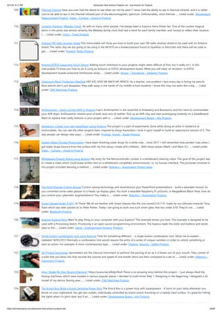 3/21/23, 8:17 AM Advanced View Arduino Projects List - Use Arduino for Projects
https://duino4projects.com/advanced-view-arduino-projects-list/ 46/60
709. Thermal Camera Have you ever had the desire to see what can not be seen? I never had the ability to see in thermal infrared, and it is rather
cool to be able to see in the thermal infrared part of the electromagnetic spectrum. Unfortunately, most thermal…... Listed under: Temperature
Measurement Projects, Video – Camera – Imaging Projects
710. Location Tracking “Weasley Clock” As with so many other people, I've always been a massive Harry Potter fan. One of the coolest magical
items in the series was almost certainly the Weasley family clock that had a hand for each family member, and moved to reflect their location.
I…... Listed under: Clock – Timer Projects
711. Arduino FM radio receiver shield This Instructable will show you how to build your own FM radio receiver shield to be used with an Arduino
board. The radio chip we are going to be using is the AR1010 on a breakoutboard found at Sparkfun or Electrokit and there will be code to
get…... Listed under: Projects, Radio Projects
712. Arduino/ESP32 Capacitive Touch Sensor Adding touch interfaces to your projects might seem difficult at first, but it really isn't. In this
Instructable I'll show you how to do it using an Arduino or ESP32 development board. What you will need: an Arudino* or ESP32
development boarda wiresome tinfoilsome sticky…... Listed under: Sensor – Transducer – Detector Projects
713. Classroom Pencil Protection Machine HEY KID, GIVE ME BACK MY PENCIL! As a teacher, one problem I face every day is losing my pencils.
Now pencils don't just disappear, they walk away in the hands of my middle school students. I know this may not seem like a big…... Listed
under: CNC Machines Projects
714. ArrDrownHo! – Easily convert AVR to Arduino Cap'n ArrDrownHo! is the lovechild of Ardweeny and Boarduino and he's here to commandeer
your AVR ships. ArrDrownHo! inherits pros of both and cons of neither. Pick up an AVR chip and start prototyping instantly on a breadboard!
Want to replace that costly Arduino in your project with a…... Listed under: Development Board – Kits Projects
715. Kaosduino: Create your own kaosillitaor using Arduino This project is a part of experiments done while doing an artist in residence at
Instructables. You can see the other projects here. Inspired by Korgs Kaossilator I took it upon myself to build an opensource version of it. This
way people can design new ways…... Listed under: Projects, Sound – Audio Projects
716. Splash! Water Droplet Photography I have been shooting water drops for a while now.... since 2017. I still remember how excited I was when I
got water drops bounce from the surface with my first setup I made with Littlebits... With these setups (Mark I and Mark II) I…... Listed under:
Video – Camera – Imaging Projects
717. Whiteboard Erasing Robot using Arduino My entry for the Microcontroller contest is a whiteboard cleaning robot. The goal of this project was
to create a robot which could erase written text on a whiteboard completely autonomously, i.e. no human interface. The processes involved in
this project included devising a method…... Listed under: Robotics – Automation Project Ideas
718. The Point Shooter Cyborg Mouse Control cyborg technology and revolutionize your PowerPoint presentations - build a wearable mouse! So
you converted some video glasses to a heads-up display glass. You built a wearable Raspberry Pi, pcDuino, or BeagleBone Black. Now, how do
you control your cybernetic augmentations? You make a…... Listed under: Robotics – Automation Projects
719. Smart Glasses(Under $10!!!) Hi There! We all are familiar with Smart Glasses like the one named E.D.I.T.H. made by our beloved character Tony
Stark which was later passed on to Peter Parker. Today I am going to built one such smart glass that too under $10! They're not…... Listed
under: Bluetooth Projects
720. Arduino Esplora Pong Want to play Pong on your computer with your Esplora? This example shows you how. This example is designed to be
used with a Processing sketch. Processing is an open source programming environment. The Esplora reads the slider and buttons and sends
data to the…... Listed under: Game – Entertainment Projects, Projects
721. Single button combination lock using Arduino Time for something different - a single button combination lock. Allow me to explain…
Updated 18/03/2013 Normally a combination lock would require the entry of a series of unique numbers in order to unlock something or
start an action. For example: A more contemporary type…... Listed under: Projects, Security – Safety Projects
722. 3D Printed Spirometer Spirometers are the classical instrument to perform the parsing of air as it is blown out of your mouth. They consist of
a tube that you blow into that records the volume and speed of one breath which are then compared to a set of…... Listed under: Metering –
Instrument Projects
723. How I Made My Own Boxing Machine? https://youtu.be/xl0zlpLf4oA There is no amazing story behind this project - I just always liked the
boxing machines, which were located in various popular places. I decided to build mine! Step 1: Designing In the beginning, I designed a 3d
model of my device. Boxing pear,…... Listed under: CNC Machines Projects
724. The Knock Box: Build a Knock-Sensitive Power Strip The Knock Box is a power strip with superpowers - it turns on your lamp whenever you
knock on your nightstand. You get two outlets, individually controlled by knock-knock-knocking on a nearby hard surface. It's great for hitting
the lights when it's pitch dark, but if an…... Listed under: Development Board – Kits Projects
 