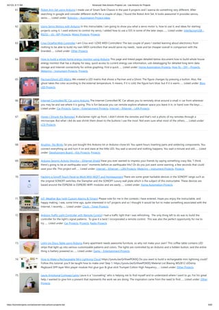 3/21/23, 8:17 AM Advanced View Arduino Projects List - Use Arduino for Projects
https://duino4projects.com/advanced-view-arduino-projects-list/ 5/60
61. Robot Arm Set using Arduino I made use of Smart Tank Chassis in the past 4 projects and I wanna do something very different. After
searching in google and consider different stuffs for a couple of days, I found the Robot Arm Set. It looks awesome! It provides servos,
servo…... Listed under: Robotics – Automation Project Ideas
62. Using Servo Motors with Arduino In this instructable, I am going to show you what a servo motor is, how to use it, and ideas for starting
projects using it. I used arduino to control my servo, I added how to use a 555 in some of the later steps.…... Listed under: Interfacing(USB –
RS232 – I2c -ISP) Projects, Motor Projects, Projects
63. Crius OctaPot Midi Controller I am Crius and I LOVE MIDI Controllers! The last couple of years I started learning about electronics from
nothing to be able to build my own MIDI controllers that would serve my needs , taste and be cheaper overall in comparison with the
branded…... Listed under: Other Projects
64. How to build a whole home energy monitor using Arduino This page and linked pages detailed below document how to build whole house
energy monitor that has a display for easy, quick access to current energy use information, usb datalogging for detailed long term data
storage and Internet connectivity for online graphing. First a quick…... Listed under: Home Automation Projects, How To – DIY – Projects,
Metering – Instrument Projects, Projects
65. Pacman/Ghost LED Matrix We created a LED matrix that shows a Pacman and a Ghost. The figure changes by pressing a button. Also, the
ghost takes the color according to the external temperature. It means, if it is cold, the figure turn blue, but if it is warm…... Listed under: Blog,
LED Projects
66. Internet-Controlled RC Car using Arduino The Internet Controlled RC Car allows you to remotely drive around a small rc car from wherever
you may be and see where it is going. This is fun because you can remote explore whatever space you leave it in, or hand over the keys…...
Listed under: Car Projects, Game – Entertainment Projects, Internet – Ethernet – LAN Projects
67. Honey I Shrunk the Remotes! A disclaimer right up front, I didn't shrink the remotes and that's not a photo of my remotes through a
microscope. But what I did do was shrink them down to the buttons I use the most. Not even sure what most of the others…... Listed under:
LCD Projects
68. Arudino- No Blinky So you just bought this Arduino kit or Arduino-clone kit. You spent hours inserting parts and soldering components. You
connect everything up and turn it on and stare at the little LED. You wait a second and nothing happens. You wait a minute and still…... Listed
under: Development Board – Kits Projects, Projects
69. Arduino Seismic Activity Monitor – Ethernet Shield Have you ever wanted to impress your friends by saying something crazy like, "I think
there's going to be an earthquake soon" moments before an earthquake hits? Or do you just want some warning, a few seconds that could
save your life. This project will…... Listed under: Internet – Ethernet – LAN Projects, Metering – Instrument Projects, Projects
70. Hacking a Sonoff Touch Panel to Work With MQTT and Homeassistant There are some great hackable devices in the SONOFF range such as
the original SONOFF switches, the Slampher and the SONOFF Luxury wall plate which is the subject of this instructable. These devices are
based around the ESP8266 or ESP8285 WifFi modules and are easily…... Listed under: Home Automation Projects
71. IoT: Weather Box (with Custom Alarms & Timers) Please vote for me in the contests i have entered. Hope you enjoy the instructable, and
happy making. I was, some time ago, quite interested in IoT projects and so I thought it would be fun to make something associated with the
Internet. I recently…... Listed under: Clock – Timer Projects
72. Arduino Traffic Light Controller with Remote Control I had a traffic light that I was refinishing. The only thing left to do was to build the
controller for the light's signal patterns. To give it a twist I incorporated a remote control. This was also the perfect opportunity for me to
try…... Listed under: Car Projects, Projects, Radio Projects
73. Light-Up Disco Table using Arduino Every apartment needs awesome furniture, so why not make your own? This coffee table contains LED
strips that light up into various customizable patterns and colors. The lights are controlled by an Arduino and a hidden button, and the entire
thing is battery powered so…... Listed under: Game – Entertainment Projects
74. How to Make a Rechargeable Mini Lightning Cloud https://youtu.be/GrlXwePOK0Q Do you want to build a rechargeable mini lightning could?
Follow this tutorial, you'll be taught how to make one! Step 1: https://youtu.be/GrlXwePOK0Q Material List Blazing WS2812 LEDstrip
Pegboard DFP layer Mini player module Hot glue gun & glue stick Trumpet Cotton High frequency…... Listed under: Other Projects
75. Laura: Emotional Compass Lamp Laura is a "counseling" who is helping me to find myself and to understand where I want to go. For his great
help, I wanted to give him a present that represents the work we are doing. The inspiration came from the need to find…... Listed under: Other
Projects
 