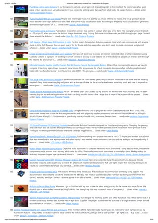 6/19/23, 8:38 AM Advanced View Arduino Projects List - Use Arduino for Projects
https://duino4projects.com/advanced-view-arduino-projects-list/ 9/59
120. Pixel Drop Ceiling using Arduino In our living room we have a small patch of drop ceiling right in the middle of the room, basically a giant
piece of duct tape to cover up bad carpentry. It was constantly getting water damage from what looks like a giant hole in…... Listed under:
Home Automation Projects
121. Audio Visualizer With an LCD Display People love listening to music. It is as they say, music reflects our mood. And it is a spectacle to see
music become 'alive' right before our eyes. Well, that's what music visualization does. According to Wikipedia, music visualization "generates
animated imagery based on a…... Listed under: Sound – Audio Projects
122. Push-button using an Arduino Pushbuttons or switches connect two points in a circuit when you press them. This example turns on the built-
in LED on pin 13 when you press the button. image developed using Fritzing. For more circuit examples, see the Fritzing project page Connect
three wires to the Arduino…... Listed under: How To – DIY – Projects, Projects
123. Soft Squares – Chisel Away With Arduino in Unity For this project, I created an Arduino-powered chisel which can communicate with a game I
made in Unity, Soft Squares. You can paint over a 5 x 5 x 5 cube and chip away cubes you don't need, to create a miniature sculpture of
whatever…... Listed under: Game – Entertainment Projects
124. Create an internet controlled robot using Livebots Here you will learn how to create an internet controlled robot or other installation using
Livebots. Livebots is a project I'm working on which consists of an easy to use website for all the robots that people can interact with through
the internet. As an example I…... Listed under: Robotics – Automation Projects
125. Ultimate Mosquito Swatter Mod for Gamer: Add Kill Counter, Sound, Rechargeable Battery. Where I live, from spring to autumn we have to
compete for territory against tiger mosquito. Local stores offer a impressive list of anti mosquito devices, candles, including sophisticated
traps sold a few hundred euros, I even found one sold 2000€ - this give you…... Listed under: Game – Entertainment Projects
126. The “Rare Vogel” Birdhouse Controller A birdhouse controller for a bird based game, why? I saw this birdhouse in the store and felt instantly
inspired! Going from something big and grand with a shortage of time for the school's deadline to something small and cute. It inspired an
entire game…... Listed under: Game – Entertainment Projects
127. Model Airplane Autopilot using Arduino Hi All! I am twenty years old. I picked up my arduino for the first time this Christmas, and I've been
keeping busy on my arduino applications so that I can bring you this instructable. I hope that it helps!!! The purpose of this project…... Listed
under: Game – Entertainment Projects, Projects
128. Using the Arduino Uno to program ATTINY84-20PU Using the Arduino Uno to program ATTINY84-20PU (Newark item # 68T3783). This
Instructable shows how to use the Arduino platform to work with physically smaller processors, such as the ATtiny84 (84/44/24), ATtiny85
(85/45/25), and ATtiny2313. This example is specifically for the ATtiny84-20PU processor (Newark item…... Listed under: Arduino Programmer
Projects, Projects
129. 3D Printed Timelapse/3D Scanning Turntable An affordable Arduino Turntable designed for Time lapse photography. Changing the gearing
and code it can also be used for Photogrammetry/3D scanning or Video. The turntable operates on the move shoot move principle in the
Timelapse and Photogrammetry modes where the camera is triggered via…... Listed under: Other Projects
130. Home Made Bezel / Window for LCD, LED, TFT Displays. I've been working on a project that used a 16x2 LCD display and wanted a nice finish
that also allowed me to seal against water and other liquids. I also needed impact resistance, low cost and the ability to be changed easily if
worn or…... Listed under: LCD Projects, LED Projects
131. MaKey MaKey Monome using Arduino Objective: build a monome - a complex electronic music instrument - using easy-to-learn, inexpensive
components and a process that's so easy a kid could do it. Gist: This touchscreen music instrument is essentially 4 parts: MaKey MaKey (or
Arduino) Neopixels copper tape cardboard Sound is…... Listed under: Interfacing(USB – RS232 – I2c -ISP) Projects, Sound – Audio Project Ideas
132. Custom NanoLeaf Lights! DIY, Wireless, Modular, Arduino, 3D Printed! I am very excited to share this project with you because it looks
absolutely beautiful and is super easy to make! It's a NanoLeaf inspired wireless Arduino RGB LED lights project that not only allows you to
create any custom NanoLeaf shape you want but…... Listed under: Wireless Projects
133. Arduino and Xbee wireless setup The Arduino Wireless shield allows your Arduino board to communicate wirelessly using Zigbee. This
documentation describes the use of the shield with the XBee 802.15.4 module (sometimes called "Series 1" to distinguish them from the
Series 2 modules, although "Series 1" doesn't appear in the official name…... Listed under: Interfacing(USB – RS232 – I2c -ISP) Projects,
Projects
134. Arduino or Twitter Mets Apple Whenever I go to Citi Field with my kids to see the Mets, they go crazy for the Home Run Apple.To me, the
Apple is part of what makes baseball exciting for kids. Even though my kids may not watch most of the games, I…... Listed under: Internet –
Ethernet – LAN Projects
135. Starship X582 Incursion Starfighter Childrens Interactive Bed Now forgive my memory, as this was a few years back now. What started out as a
children's spaceship themed bed, turned into an epic build. Supplies The project started with the purchase of a single mattress. I then walked
around the local DIY store…... Listed under: Other Projects
136. Control Fluorescent Lights with a Laser Pointer and an Arduino A few members of the Alpha One Labs Hackerspace do not like the harsh light given out by
fluorescent fixtures. They wanted a way to be able to easily control the individual fixtures, perhaps with a laser pointer? I got right on it. I dug out a…... Listed
under: Sensor – Transducer – Detector Projects
 