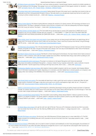 7/22/23, 10:21 AM Advanced View Arduino Projects List - Use Arduino for Projects
https://duino4projects.com/advanced-view-arduino-projects-list/ 3/59
28. DIY Parking Sonsor using Arduino The last time I was home visiting my parents I noticed bumper imprints caused by my mother suburban on
the stairs leading up from the garage. Their garage it turns out is just barely long enough to fit their gigantic vehicles. So I decided it…... Listed
under: Car Projects, How To – DIY – Projects, Sensor – Transducer – Detector Projects
29. Using Mozzi Library with 5 potentiometers using arduino Getting Started The goal of this project was to create filters and controls to that can
manipulate sound that is being generated through an Arduino. Normally Arduino can only generate simple tones that are not useful if you
are trying to achieve complex sounds and…... Listed under: Metering – Instrument Projects
30. Arduino Quilting Machine The Arduino Quilting Machine combines the mechanics of a sewing machine, CNC technology and Arduino as an
operating system. The project is designed to translate a vector file from a computer into G-code and subsequently into Arduino language
which then moves the machine. The project…... Listed under: CNC Machines Projects
31. Diy Xbox wireless controller adapter for Pc This instructable will go over the steps to connect a RF module from an RROD xbox to your
computer so you can use a wireless controller with your computer. ******DISCLAIMER******* DONT TRY THIS IF YOU DONT HAVE ANY
EXPERIENCE WITH ELECTRONICS/SOLDERING OR COMPUTERS IM NOT…... Listed under: How To – DIY – Projects, Internet – Ethernet – LAN
Projects
32. Make a digital “meow” from analog clock using arduino Is your analog clock just not doing enough stuff? Want to do digital things with an
analog clock? This tutorial will show you how to make a Kit Cat Clock play a “meow” sound clip, at precise time intervals, using the Atmega
328P-PU via the…... Listed under: Clock – Timer Projects, Home Automation Projects
33. DIY Telepresence Documentation This is the documentation page for the Spring 2012 DIY Telepresence project. Here you will find schematics,
software, and guides for the robot. The goal of the project was to design a low-cost, easy to build telepresence robot. Some of the features
include: Segway based…... Listed under: Robotics – Automation Projects
34. Total Recall- Arduino Simon Says on steroids Total Recall is a Simon based game for the Arduino. Your basic Arduino Simon Game consists of
4 buttons, 4 LEDs, an Arduino, some code and maybe a speaker and sound effects. Total Recall takes things a step further by adding an LCD
display and…... Listed under: Game – Entertainment Projects, Projects
35. Voice Activated LED Lighting with Arduino This project is an extension to the Speech Recognition with Arduino by leandro4b
(http://www.instructables.com/id/Speech-Recognition…). However, instead of using 3 separate colored LEDs, I used a multicolor 4-channel
RGBW LED Emitter. I had the opportunity of working at LED Engin last summer, which is why I…... Listed under: LED Projects
36. The Wondrous Weather Cube Using Arduino We created an Internet-enabled companion cube for your computer, which displays different
kinds of information by glowing red or green. Depending on its orientation, and which labeled face is oriented upwards, our companion cube
displays either stock readings of the NASDAQ or the outside temperature…... Listed under: Home Automation Projects
37. Laser Pointer Switch using arduino This instructable will detail how to make a switch that uses an arduino to sample light. When the light
sample reaches a threshold it will trigger a relay that can be used to turn on/off a small appliance (light, radio, fan, etc...) The parts for…...
Listed under: Home Automation Projects, Interfacing(USB – RS232 – I2c -ISP) Projects
38. FabECG: a simple electrocardiogram board Technologies for rudimentary physiological sensing are getting cheaper and easier to implement.
Consider, for instance, these non-contact sensors from UCSD which can be used to take an EEG through hair or an ECG through a T-shirt! One
can even make a simple oscilloscope to digitize,…... Listed under: Medical – Health based Projects
39. Arduino controlled Rotary Stewart Platform This instructable is about building a Rotary Stewart Platform. It allows to position its moving
platform in six degrees of freedom. This specific platform is designed to be able to position a DSLR or any other digital camera. This version
of Stewart Platform uses instead…... Listed under: Video – Camera – Imaging Projects
40. DC Motors Relays Using Arduino Let's get the math over right off the bat. There are a LOT of attempts to describe how Ohm's Law works,
each one nerdier than the last. Here' one I like. Warning: SFWBN (safe for work but nerdy). V = voltage measured in volts -…... Listed under:
Motor Projects
41. ATtiny85 POV Display using arduino The first time I saw a POV (Persistence Of Vision) display was on a show called FAQ on TV. The POV
display consisted of an oscillating shaft with 6 LED's mounted on the end of the shaft. Since then I have always wanted to make…... Listed
under: LED Projects
42. Making art Interactive Using Arduino Unfortunately, due to my need to reclaim my Arduino and breadboards, we don't have photographic documentation of
our circuit. However, the structure of it was rather self-evident. Although we arranged the circuit in a such a way that we could program other functions, but
we…... Listed under: Interfacing(USB – RS232 – I2c -ISP) Projects, Phone Projects
This website uses cookies to improve your experience. We'll assume you're ok with this, but you can opt-out if you wish. Check Privacy Policy
ACCEPT
 