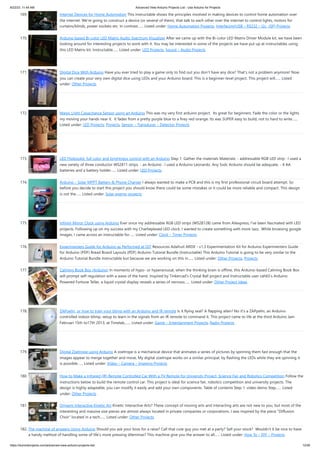 8/22/23, 11:44 AM Advanced View Arduino Projects List - Use Arduino for Projects
https://duino4projects.com/advanced-view-arduino-projects-list/ 12/59
169. Internet Devices for Home Automation This instructable shows the principles involved in making devices to control home automation over
the internet. We're going to construct a device (or several of them), that talk to each other over the internet to control lights, motors for
curtains/blinds, power sockets etc. In contrast…... Listed under: Home Automation Projects, Interfacing(USB – RS232 – I2c -ISP) Projects
170. Arduino based Bi-color LED Matrix Audio Spectrum Visualizer After we came up with the Bi-color LED Matrix Driver Module kit, we have been
looking around for interesting projects to work with it. You may be interested in some of the projects we have put up at instructables using
this LED Matrix kit. Instructable…... Listed under: LED Projects, Sound – Audio Projects
171. Digital Dice With Arduino Have you ever tried to play a game only to find out you don't have any dice? That's not a problem anymore! Now
you can create your very own digital dice using LEDs and your Arduino board. This is a beginner-level project. This project will…... Listed
under: Other Projects
172. Magic Light Capacitance Sensor using an Arduino This was my very first arduino project. Its great for beginners. Fade the color or the lights
my moving your hands near it. It fades from a pretty purple blue to a firey red-orange. Its was SUPER easy to build, not to hard to write…...
Listed under: LED Projects, Projects, Sensor – Transducer – Detector Projects
173. LED Flipbookit: full color and brightness control with an Arduino Step 1: Gather the materials Materials: - addressable RGB LED strip : I used a
new variety of three conductor WS2811 strips. - an Arduino : I used a Arduino Leonardo. Any 5vdc Arduino should be adequate. - 4 AA
batteries and a battery holder…... Listed under: LED Projects
174. Arduino – Solar MPPT Battery & Phone Charger I always wanted to make a PCB and this is my first professional circuit board attempt. So
before you decide to start this project you should know there could be some mistakes or it could be more reliable and compact. This design
is not the…... Listed under: Solar energy projects
175. Infinity Mirror Clock using Arduino Ever since my addressable RGB LED strips (WS2812B) came from Aliexpress, I've been fascinated with LED
projects. Following up on my success with my Charlieplexed LED clock, I wanted to create something with more Jazz.. While browsing google
images, I came across an instructable for…... Listed under: Clock – Timer Projects
176. Experimenters Guide for Arduino as Performed at OIT Resources Adafruit ARDX - v1.3 Experimentation Kit for Arduino Experimenters Guide
for Arduino (PDF) Bread Board Layouts (PDF) Arduino Tutorial Bundle (Instructable) This Arduino Tutorial is going to be very similar to the
Arduino Tutorial Bundle Instructable but because we are working on this in…... Listed under: Other Projects, Projects
177. Calming Book Box (Arduino) In moments of hypo- or hyperarousal, when the thinking brain is offline, this Arduino-based Calming Book Box
will prompt self-regulation with a wave of the hand. Inspired by Tinkercad's Crystal Ball project and Instructable user cah65's Arduino
Powered Fortune Teller, a liquid crystal display reveals a series of nervous…... Listed under: Other Project Ideas
178. ZAPpelin, or how to train your blimp with an Arduino and IR remote Is it flying seal? A flapping alien? No it's a ZAPpelin, an Arduino
controlled indoor blimp, setup to learn in the signals from an IR remote to command it. This project came to life at the third Arduino Jam
Februari 15th to17th 2013, at Timelab,…... Listed under: Game – Entertainment Projects, Radio Projects
179. Digital Zoetrope using Arduino A zoetrope is a mechanical device that animates a series of pictures by spinning them fast enough that the
images appear to merge together and move, My digital zoetrope works on a similar principal, by flashing the LEDs while they are spinning it
is possible…... Listed under: Video – Camera – Imaging Projects
180. How to Make a Infrared (IR) Remote Controlled Car With a TV Remote for University Project, Science Fair and Robotics Competition Follow the
instructions below to build the remote control car. This project is ideal for science fair, robotics competition and university projects. The
design is highly adaptable, you can modify it easily and add your own components. Table of contents Step 1: video demo Step…... Listed
under: Other Projects
181. Origami Interactive Kinetic Art Kinetic Interactive Arts? These concept of moving arts and interacting arts are not new to you, but most of the
interesting and massive size pieces are almost always located in private companies or corporations. I was inspired by the piece "Diffusion
Choir" located in a tech…... Listed under: Other Projects
182. The machine of answers Using Arduino Should you ask your boss for a raise? Call that cute guy you met at a party? Sell your stock? Wouldn’t it be nice to have
a handy method of handling some of life’s more pressing dilemmas? This machine give you the answer to all…... Listed under: How To – DIY – Projects
 