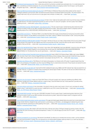 8/22/23, 11:44 AM Advanced View Arduino Projects List - Use Arduino for Projects
https://duino4projects.com/advanced-view-arduino-projects-list/ 18/59
260. DIY Android Home Automation Box Here's a little show and tell of my Android controlled home automation box. It's a small extension box
that's controlled by an Android smartphone. You can turn the individual outlets on by tapping a button from the app or use the speech
recognition app, found…... Listed under: Arduino Android, Home Automation Projects
261. Build a Car With Touch Sensitive Steering for Your Rat In 2019 Professor of Behavioral Neuroscience Kelly Lambert and her research
colleagues published a journal article called "Enriched Environment Exposure Accelerates Rodent Driving Skills." This article explains "The
research team built a tiny car for the rats out of a clear plastic food container on wheels, with…... Listed under: Car Projects
262. Use foot switch to open Linux terminal using an Arduino So here is how i made my foot pedal used to start Linux terminal using an Arduino.
It's made because I am board of pressing the terminal icon with my mouse. P.S. Sorry for my English. I am from Croatia. Tools needed: -
Soldering iron and…... Listed under: Projects, RTOS – OS Projects
263. Crius ROT8 MIDI Controller [ABLETON READY – Auto Mapping] Rev1.1 The last couple of years I started learning about electronics from
nothing to be able to build my own MIDI controllers that would serve my needs , taste and be cheaper overall in comparison with the
branded products.This is CRIUS ROT8 MIDI CONTROLLER that consists…... Listed under: LCD Projects
264. Musical Table using Arduino The Musical Table is a toy table that allows kids to play musical phrases by moving toys around the surface.
Each of seven switches can play different musical phrases in four bases, making 27 different musical phrases in total. Some of the phrases
are…... Listed under: Home Automation Projects, Projects, Sound – Audio Projects
265. ARDUINO WIRELESS HOME SECURITY SYSTEM In this project I will discuss how you can make a cheap wireless home security system.Though
during starting of this project the main objective was only for security alarm but later I found this device can be used to solve several
problems.These are the few…... Listed under: Home Automation Projects, Security – Safety Projects
266. Arduino SELF-BALANCING Robot Today in this tutorial, I have made a SELF-BALANCING robot with ARDUINO. I hope this article will help the
beginners to make it properly Supplies For the mechanical Part, we will need PVC SHEETGRAPHITE PENCILSGEAR MOTORMOTOR
BRACKETWHEELS For The Electronics Part, we will need Arduino…... Listed under: Robotics – Automation Projects
267. Sony PS-X75 Record Player Fixed With Embrio and Arduino Mega2560 Fixed a SONY PS-X75 Record Player (1980's) with a blown MB8841-
209L microchip. Fixed it with a Arduino Mega2560 Board and the fabulous Embrio Software. https://youtu.be/31ILr8oTtt4 A long, long time
ago in 1980’s Sony produced one of the best automatic record players the Sony PS-X75. The…... Listed under: Other Projects
268. Assembling the ZIFduino USB 1.2 The ZIFduino, for all intents and purposes, is an Arduino with a ZIF socket. It's geared toward those that
want to do prototyping on the platform, but then move the ATMega chip to a stand-alone environment. The pin layouts are exactly the same,
so it…... Listed under: Interfacing(USB – RS232 – I2c -ISP) Projects, Projects
269. Space Invaders Mini Arcade With CRT I have built this Mini Cardboard Arcade using a B&W small CRT (Cathodic Ray Tube) recovered from an
old video intercom. It is based on an Arduino Nano emulating the classical Space Invaders. The switch on the rear turns ON the Arduino and
starts the…... Listed under: Game – Entertainment Projects
270. Robot Arm Set using Arduino I made use of Smart Tank Chassis in the past 4 projects and I wanna do something very different. After
searching in google and consider different stuffs for a couple of days, I found the Robot Arm Set. It looks awesome! It provides servos,
servo…... Listed under: Robotics – Automation Project Ideas
271. Using Servo Motors with Arduino In this instructable, I am going to show you what a servo motor is, how to use it, and ideas for starting
projects using it. I used arduino to control my servo, I added how to use a 555 in some of the later steps.…... Listed under: Interfacing(USB –
RS232 – I2c -ISP) Projects, Motor Projects, Projects
272. Crius OctaPot Midi Controller I am Crius and I LOVE MIDI Controllers! The last couple of years I started learning about electronics from
nothing to be able to build my own MIDI controllers that would serve my needs , taste and be cheaper overall in comparison with the
branded…... Listed under: Other Projects
273. How to build a whole home energy monitor using Arduino This page and linked pages detailed below document how to build whole house
energy monitor that has a display for easy, quick access to current energy use information, usb datalogging for detailed long term data
storage and Internet connectivity for online graphing. First a quick…... Listed under: Home Automation Projects, How To – DIY – Projects,
Metering – Instrument Projects, Projects
274. Pacman/Ghost LED Matrix We created a LED matrix that shows a Pacman and a Ghost. The figure changes by pressing a button. Also, the
ghost takes the color according to the external temperature. It means, if it is cold, the figure turn blue, but if it is warm…... Listed under: Blog,
LED Projects
275. Internet-Controlled RC Car using Arduino The Internet Controlled RC Car allows you to remotely drive around a small rc car from wherever
you may be and see where it is going. This is fun because you can remote explore whatever space you leave it in, or hand over the keys…...
Listed under: Car Projects, Game – Entertainment Projects, Internet – Ethernet – LAN Projects
 