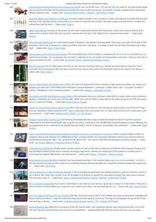 8/22/23, 11:44 AM Advanced View Arduino Projects List - Use Arduino for Projects
https://duino4projects.com/advanced-view-arduino-projects-list/ 31/59
466. How to build an Arduino WiFi 4×4 with Android Controller RC cars can be WiFi Cars...? RC cars are cool, but cheap RC cars have limited range
and can only be controlled with the particular controller that was included with the car. I purchased a RC jeep, complete with 4 wheel drive,
flexible suspension, and…... Listed under: Arduino Android, Internet – Ethernet – LAN Projects, Projects
467. Automatic Water Level Indication via SMS alert Summary Students will learn how to construct a water Level Indicator/Controller that monitors
the level of the overhead tank by constructing a circuit that will notify the user via SMS if the water supply to an area/home is initiated and
indicate how high the water…... Listed under: Projects
468. Water Level Indicator Summary In this project, we will create a water level indicator with three levels inside a tank using an Arduino and a
water sensor, as well as three LEDs and a buzzer to indicate when the tank is full. Objectives To understand how a water…... Listed under:
Projects
469. Nixie Clock Mood Barometer An unremarked casualty of Progress is the aneroid home barometer. These days, you might still be able to find
examples in the homes of people over ninety, but millions more are in the dump, or on ebay. In truth, the old-school barometer didn't help
itself…... Listed under: Clock – Timer Projects
470. Autonomous Control of RC Car Using Arduino This instructable shows how to modify an inexpensive RC car so it can be controlled by an on-
board microcontroller. You can program the controller to make the car do any number of driving patterns and stunts. Once you have the car
being controlled from the…... Listed under: Car Projects, Game – Entertainment Projects, Projects
471. ESP-Now Rainstick This fun little project will allow you the trivial joy of letting a electronic network announce that you have rain! The AI
controlled, tear eliciting price'd Tesla has been rumored to have sensors that awaken the windshield wipers at the onset of rain. Being in…...
Listed under: Other Projects
472. How to make a robotic dart shooting sentry Tools: Hot Glue Gun Laptop with Arduino software 22 awg hookup wire (black, red, yellow) wire
strippers usb cable drill 1/16th drillbit exacto knife Parts: 2 tongue depressors 1 clothespin 1 rubber-band 1 dart 1 cup (paper or plastic) 1
arduino 1 breadboard 1 led 1 momentary button…... Listed under: Robotics – Automation Projects
473. Controlling Hand Drill with Roboduino using Arduino This will explain how we re-purposed a hand drill to re-spool solder using a roboduino
(arduino compatible), two servos, and a DIY encoder. While one could use TRIACs to play with the AC power going into the drill, just using a
servo to control the throttle…... Listed under: Motor Projects, Projects
474. Adding CV inputs to the Auduino granular synth When I first got into the Arduino I went looking for audio projects. One of the first things I
built was TobaTobias' Auduino granular synth. I was so impressed I built a permanent unit in a heavy duty enclosure and incorporated it into
my occasional…... Listed under: Interfacing(USB – RS232 – I2c -ISP) Projects
475. Measure Pressure With Your Micro:bit The following instructable describes a easy to build and inexpensive device to perform pressure
measurements and demonstrate Boyle's law, using the micro:bit in combination with the BMP280 pressure/temperature sensor. Whereas this
syringe/pressure sensor combination has already been described in one of my previous instructables, the combination…... Listed under: Other
Projects
476. GoFly – paragliding/hangliding/gliding altimeter-variometer from Your car navigation using Arduino GoFly is a project based on PNA (car
navigation devices with Windows CE), LK8000 tactical fligh computer software and variometer (altimeter) external input based on Arduino
board and pressure sensor. Why? -You can build this for about 150$, -Your ordinary PNA (Personal Navigation Assistant) changes…... Listed
under: Car Projects, Metering – Instrument Projects, Projects
477. 3-Axis Magnetic Field Sensor Wireless power transfer systems are well on their way to replacing conventional wired charging. Ranging from
tiny biomedical implants all the way to wirelessly recharging huge electric vehicles. An integral part of the research on wireless power is
minimizing the magnetic field density. The International…... Listed under: Sensor – Transducer – Detector Projects
478. Quick and Easy Arduino Nightlight Honestly, how many people have been in this scenario (leave a yes or no in the comments) : It is 2:30 in
the morning and you wake up with a need to do something whatever that may be (bathroom, forgotten homework assignment, project due
in…... Listed under: LED Projects
479. Using an Arduino to Control an Infrared Helicopter In this Instructable we will explain how infrared signals are used by a remote to control a
toy or device, then show how a simple circuit can be added to an Arduino to operate the same device through free, Open Source software.
This document is part of…... Listed under: Game – Entertainment Projects, Internet – Ethernet – LAN Projects, Projects
480. WiFi Controlled Camera Slider If you want to add interest to any video you are making, a good way to doing it is to add motion. There are an
infinite number of motion effects you could use in your videos, but a classic, and very pleasing one, is a…... Listed under: Wifi - WLan Projects
481. USA Flag made with diffused LED using Arduino USA flag constructed using a total of 2,301 diffused red, white and blue LEDs completed with
Arduino sketch animations, I hope this instructions helps anyone who wants to try this out. This flag can be displayed during the 4th of July,
memorial day or during…... Listed under: Home Automation Projects, How To – DIY – Projects, LCD Projects
482. NeoPixel Reactive Table Welcome to my version of the LED reactive table! I was inspired by previous work using discrete LEDs, such as this
one, but I figured it would be easier and more fun to use NeoPixels -- programmable RGB LEDs that can be set to any color you want.…...
 