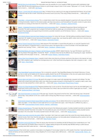 8/22/23, 11:44 AM Advanced View Arduino Projects List - Use Arduino for Projects
https://duino4projects.com/advanced-view-arduino-projects-list/ 33/59
499. RGB LED Strip Circuit with Arduino This Instructable covers the assembly of a circuit capable of PWM-ing (pulse width modulating) a high-
power RGB LED strip and programming an Arduino to cycle through a range of colors. In this context, "high power" is 9-12 volts. I will discuss
how to mount a…... Listed under: LED Projects
500. Arduino – Control LEDs with a Remote Control Step 1: IR library First you need to go to this page and download the IR library. You just need
to follow the read me file to install. I think that any IR remote control can do this, I’ll be using a Philips Universal one.…... Listed under: LED
Projects
501. ‘Knock Back’ – A Knock Echoing Arduino This is a simple Arduino sketch that was originally designed to experiment with arrays and the built-
in timing functionality. I based it on the tutorial sample code http://www.arduino.cc/en/Tutorial/Knock The system consists of a piezo sensor
connected to an analog pin that listens for a knock from…... Listed under: Sensor – Transducer – Detector Projects
502. Week 8 : Embedded Programming & Networking and Communications Part 1 - Embedded Programing A Morse Code Receiver and
Transmitter This week’s assignment was to program the board we made two weeks ago to do something, with as many different
programming languages and programming environments as possible.I wanted to use all the features I have on…... Listed under: Arduino
Programmer Projects
503. How to Build a Robotic Hand with Haptic Feedback using Arduino For science fair this year, I felt like building something instead of doing an
experiment. All I needed to do was look around Instructables for a project idea. I was inspired by njkl44's robotic hand since it reminds me so
much of stuff out of…... Listed under: Projects, Robotics – Automation Projects
504. Arduino Tutorial: Capacitive Touch Sensors Hello everyone! This instructable is a tutorial that will guide you on using the Capacitive touch
sensors with Arduino. A Capacitive sensor is a kind of touch sensor, that requires little or no force to activate. In this Instructable about
capacitive touch sensing, I'll show…... Listed under: Sensor – Transducer – Detector Projects
505. Make Wired Robotic Arm Edge to “Wireless” with DIY Arduino and XBee UPDATE: Added Schematic, Top Layer PCB, Bottom Layer PCB, and
both Top, Bottom PCB images When I finished the "RevIO" - an Arduino Clone that has the different way of exposing pins usage. I decided to
go further to the next project. To test my…... Listed under: Projects, Robotics – Automation Projects
506. Arduino Nixie Clock & Weather Station I wanted to build a Nixie clock driven by an Arduino and found a few places on the internet, but none
were 100% complete to get it working from the beginning to end. I either found bad wiring diagrams, bad code in programs or bad…... Listed
under: Clock – Timer Projects
507. 7-Key Slider/Wheel Tutorial with Synthesizer This is a tutorial for using the 7-Key Slider/Wheel Breakout from Rachel's Electronics. I'll show
you how to solder up the header pins for maximum usability. Rachel's has the QT1106 datasheet on their site, and a great arduino library for
this breakout. The kit from…... Listed under: Sensor – Transducer – Detector Projects, Tutorials
508. Arduino Watch with Nokia 3110 screen My goal for this project is to make a watch with selectable dials, stopwatch and millidays. This idea
started with an Aprils fools prank about metric-time. (http://www.youtube.com/watch?v=K35xG1buyFA) First I wanted to make a metric clock
but soon this idea evolved from a metric watch into…... Listed under: Clock – Timer Projects, Phone Projects, Projects
509. Arduino As a Cheap Breadboard FPGA Designing hardware logic circuits can be fun. The old school way to do this was with NAND gates, on a
bread board, wired up with jumper wires. This is still possible, but it doesn't take much before the number of gates gets out of hand.…... Listed
under: Development Board – Kits Projects
510. Uber Home Automation w/ Arduino & Pi A few years ago, I became a dog owner for the first time. I didn't like leaving Cody in the kennel
alone all day. I had a webcam on him, but I couldn't watch it all day long. What if he was in some kind…... Listed under: Home Automation
Projects
511. Come Home! Connecting Distant Spaces EASILY over Web using Arduino Can you believe that we live in an age where you can touch an
object (any object - if it has metal on it) and a light will turn on in your loved-one's space - even if they live in a different city, state, or…...
Listed under: Home Automation Projects, Internet – Ethernet – LAN Projects
512. Wireless Doorbell Receiver This project describes the second part of the following two projects: A wireless doorbell transmitter as described in
the Wireless Doorbell Transmitter Instructable. This Instructable also gives some introduction to these projects.A wireless doorbell receiver
described in this Instructable. The wireless doorbell receiver will make a sound…... Listed under: Wireless Projects
513. Simple 2-way motor control for the arduino When I say simple, I don't mean use a speed control. But control the motor directly without any
external circuitry. Here's how: How this came about: I recently was working on an instructable about charlieplexing with an arduino. And I was
wondering if the same principle…... Listed under: Motor Projects, Projects
514. Assembling the 8×8 LED Board Kit These are step by step instructions for assembling the 8x8 LED Board kit from moderndevice.com. I had
never played with LED displays before using this kit. I suggest reading through all the assembly steps BEFORE starting to solder because
assembly order DOES matter with this…... Listed under: LED Projects
515. Updated Movie Box A few months back, I posted an Instructable on my Raspberry Pi movie player tucked into a VHS cassette. Since then, I have built several for
friends and family, and have simplified the process. Using a Raspberry Pi v3, we no longer need a USB hub and…... Listed under: Interfacing(USB – RS232 – I2c -
ISP) Projects
 
