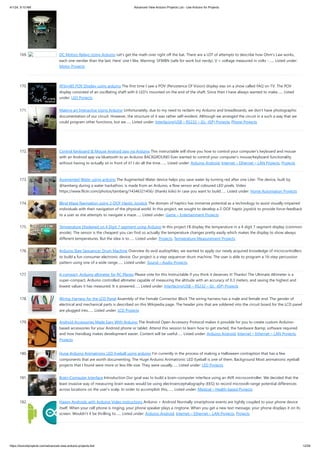 4/1/24, 9:10 AM Advanced View Arduino Projects List - Use Arduino for Projects
https://duino4projects.com/advanced-view-arduino-projects-list/ 12/59
169. DC Motors Relays Using Arduino Let's get the math over right off the bat. There are a LOT of attempts to describe how Ohm's Law works,
each one nerdier than the last. Here' one I like. Warning: SFWBN (safe for work but nerdy). V = voltage measured in volts -…... Listed under:
Motor Projects
170. ATtiny85 POV Display using arduino The first time I saw a POV (Persistence Of Vision) display was on a show called FAQ on TV. The POV
display consisted of an oscillating shaft with 6 LED's mounted on the end of the shaft. Since then I have always wanted to make…... Listed
under: LED Projects
171. Making art Interactive Using Arduino Unfortunately, due to my need to reclaim my Arduino and breadboards, we don't have photographic
documentation of our circuit. However, the structure of it was rather self-evident. Although we arranged the circuit in a such a way that we
could program other functions, but we…... Listed under: Interfacing(USB – RS232 – I2c -ISP) Projects, Phone Projects
172. Control Keyboard & Mouse Android app via Arduino This instructable will show you how to control your computer's keyboard and mouse
with an Android app via bluetooth to an Arduino BACKGROUND Ever wanted to control your computer's mouse/keyboard functionality
without having to actually sit in front of it? I do all the time.…... Listed under: Arduino Android, Internet – Ethernet – LAN Projects, Projects
173. Augmented Water using arduino The Augmented Water device helps you save water by turning red after one Liter. The device, built by
@tamberg during a water hackathon, is made from an Arduino, a flow sensor and coloured LED pixels. Video
https://www.flickr.com/photos/tamberg/14346321456/ (thanks kiilo) In case you want to build…... Listed under: Home Automation Projects
174. Blind Maze Navigation using 2-DOF Haptic Joystick The domain of haptics has immense potential as a technology to assist visually-impaired
individuals with their navigation of the physical world. In this project, we sought to develop a 2-DOF haptic joystick to provide force-feedback
to a user as she attempts to navigate a maze…... Listed under: Game – Entertainment Projects
175. Temperature Displayed on 4 Digit 7 segment using Arduino In this project I’ll display the temperature in a 4 digit 7 segment display (common
anode). The sensor is the cheapest you can find so actually the temperature changes pretty easily which makes the display to show always
different temperatures. But the idea is to…... Listed under: Projects, Temperature Measurement Projects
176. Arduino Step Sequencer Drum Machine Overview As avid audiophiles, we wanted to apply our newly acquired knowledge of microcontrollers
to build a fun consumer electronic device. Our project is a step sequencer drum machine. The user is able to program a 16-step percussion
pattern using one of a wide range…... Listed under: Sound – Audio Projects
177. A compact, Arduino altimeter for RC Planes Please vote for this Instructable if you think it deserves it! Thanks! The Ultimate Altimeter is a
super-compact, Arduino controlled altimeter capable of measuring the altitude with an accuracy of 0.3 meters, and saving the highest and
lowest values it has measured. It is powered…... Listed under: Interfacing(USB – RS232 – I2c -ISP) Projects
178. Wiring Harness for the LCD Panel Assembly of the Female Connector Block The wiring harness has a male and female end. The gender of
electrical and mechanical parts is described on this Wikipedia page. The header pins that are soldered into the circuit board for the LCD panel
are plugged into…... Listed under: LCD Projects
179. Android Accessories Made Easy With Arduino The Android Open Accessory Protocol makes it possible for you to create custom Arduino-
based accessories for your Android phone or tablet. Attend this session to learn how to get started, the hardware &amp; software required
and how Handbag makes development easier. Content will be useful…... Listed under: Arduino Android, Internet – Ethernet – LAN Projects,
Projects
180. Huge Arduino Animatronic LED Eyeball using arduino I'm currently in the process of making a Halloween contraption that has a few
components that are worth documenting. The Huge Arduino Animatronic LED Eyeball is one of them. Background Most animatronic eyeball
projects that I found were more or less life-size. They were usually…... Listed under: LED Projects
181. Brain-Computer Interface Introduction Our goal was to build a brain-computer interface using an AVR microcontroller. We decided that the
least invasive way of measuring brain waves would be using electroencephalography (EEG) to record microvolt-range potential differences
across locations on the user's scalp. In order to accomplish this,…... Listed under: Medical – Health based Projects
182. Happy Androids with Arduino Video instructions Arduino + Android Normally smartphone events are tightly coupled to your phone device
itself. When your cell phone is ringing, your phone speaker plays a ringtone. When you get a new text message, your phone displays it on its
screen. Wouldn't it be thrilling to…... Listed under: Arduino Android, Internet – Ethernet – LAN Projects, Projects
 