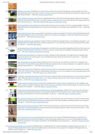 4/1/24, 9:10 AM Advanced View Arduino Projects List - Use Arduino for Projects
https://duino4projects.com/advanced-view-arduino-projects-list/ 20/59
290. WAVEbuoy using Arduino The WAVEbuoy is a arduino lamp connected to the internet that displays the current wave height of any of the
National Data Buoy Centre's wave buoys. This lamp is currently connected to the Sevenstones Lightship buoy that gives an indication of swell
approaching Cornwall in…... Listed under: Home Automation Projects
291. Arduino Keyboard and Mouse Control Code This example illustrates the use of the Mouse and keyboard libraries together. Five momentary
switches act as directional buttons for your cursor. When a button is pressed, the cursor on your screen will move, and a keypress will be sent
to the computer. Once you…... Listed under: Interfacing(USB – RS232 – I2c -ISP) Projects, Projects
292. Remote Controlled Car Using Cardboard Every maker at least once make or tries to make RC Car. RC Cars are widely available yet the joy of
playing with the one you made yourself can't be compared with the bought one. So I decided to make a Wireless RC Car with…... Listed under:
Car Projects
293. Arduino ADK LED Lighting Have you ever wanted to control electronics with your smartphone? The Arduino ADK (Android Development Kit)
is the Arduino Mega with a built in USB host device, ready for your smartphone to be plugged in! We'll make a simple introductory project
with a few LED…... Listed under: LED Projects, Projects
294. Marblevator, Perpetual?, Cradle. "Marblevator, Pertual?, Cradle" like "Marblevator, Perpetual?, Version 2" and "Marblevator, Perpetual?" is not
perpetual at all as it is simply another illusion. And like its predecessors it is a very quiet illusion with the only noise being that of the marble
as it rolls back…... Listed under: Other Projects
295. Arduino Based Temp and Humidity Display The temperature in my office at work varies quite a bit depending on the time of day, season, and
the whims of the other people I share the floor with. When I’m sitting at my desk shaking uncontrollably or sweating profusely it would be
nice…... Listed under: Temperature Measurement Project Ideas
296. Pixel Drop Ceiling using Arduino In our living room we have a small patch of drop ceiling right in the middle of the room, basically a giant
piece of duct tape to cover up bad carpentry. It was constantly getting water damage from what looks like a giant hole in…... Listed under:
Home Automation Projects
297. Audio Visualizer With an LCD Display People love listening to music. It is as they say, music reflects our mood. And it is a spectacle to see
music become 'alive' right before our eyes. Well, that's what music visualization does. According to Wikipedia, music visualization "generates
animated imagery based on a…... Listed under: Sound – Audio Projects
298. Push-button using an Arduino Pushbuttons or switches connect two points in a circuit when you press them. This example turns on the built-
in LED on pin 13 when you press the button. image developed using Fritzing. For more circuit examples, see the Fritzing project page Connect
three wires to the Arduino…... Listed under: How To – DIY – Projects, Projects
299. Soft Squares – Chisel Away With Arduino in Unity For this project, I created an Arduino-powered chisel which can communicate with a game I
made in Unity, Soft Squares. You can paint over a 5 x 5 x 5 cube and chip away cubes you don't need, to create a miniature sculpture of
whatever…... Listed under: Game – Entertainment Projects
300. Create an internet controlled robot using Livebots Here you will learn how to create an internet controlled robot or other installation using
Livebots. Livebots is a project I'm working on which consists of an easy to use website for all the robots that people can interact with through
the internet. As an example I…... Listed under: Robotics – Automation Projects
301. Ultimate Mosquito Swatter Mod for Gamer: Add Kill Counter, Sound, Rechargeable Battery. Where I live, from spring to autumn we have to
compete for territory against tiger mosquito. Local stores offer a impressive list of anti mosquito devices, candles, including sophisticated
traps sold a few hundred euros, I even found one sold 2000€ - this give you…... Listed under: Game – Entertainment Projects
302. The “Rare Vogel” Birdhouse Controller A birdhouse controller for a bird based game, why? I saw this birdhouse in the store and felt instantly
inspired! Going from something big and grand with a shortage of time for the school's deadline to something small and cute. It inspired an
entire game…... Listed under: Game – Entertainment Projects
303. Model Airplane Autopilot using Arduino Hi All! I am twenty years old. I picked up my arduino for the first time this Christmas, and I've been
keeping busy on my arduino applications so that I can bring you this instructable. I hope that it helps!!! The purpose of this project…... Listed
under: Game – Entertainment Projects, Projects
304. Using the Arduino Uno to program ATTINY84-20PU Using the Arduino Uno to program ATTINY84-20PU (Newark item # 68T3783). This
Instructable shows how to use the Arduino platform to work with physically smaller processors, such as the ATtiny84 (84/44/24), ATtiny85
(85/45/25), and ATtiny2313. This example is specifically for the ATtiny84-20PU processor (Newark item…... Listed under: Arduino Programmer
Projects, Projects
305. 3D Printed Timelapse/3D Scanning Turntable An affordable Arduino Turntable designed for Time lapse photography. Changing the gearing and code it can also
be used for Photogrammetry/3D scanning or Video. The turntable operates on the move shoot move principle in the Timelapse and Photogrammetry modes
where the camera is triggered via…... Listed under: Other Projects
 