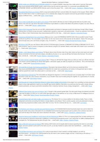 4/1/24, 9:10 AM Advanced View Arduino Projects List - Use Arduino for Projects
https://duino4projects.com/advanced-view-arduino-projects-list/ 41/59
620. RADAR model using ARDUINO and ULTRASONIC SENSOR It is a model of RADAR. It describes how a radar works in real time. Description
https://youtu.be/6zACsitlOS8 RADAR model is used to know how the real time radar works. It is constructed using ARDUINO UNO,
ULTRASONIC SENSOR and SERVO MOTOR. We also used to show the output. That…... Listed under: Sensor – Transducer – Detector Projects
621. Personalised Word Clock using Arduino Build a unique personalised gift that’s cool and reflects the character of the recipient. What’s different
about this Word Clock is that it is small enough to sit on a bedside desk, displays the recipients name and has personalised messages that
appear at different times…... Listed under: Clock – Timer Projects
622. How to make gas leak alert security alarm using arduino In this tutorial I will show you how to make gas leak alert security alarm using
arduino nano and mq 5 gas sensor Description Introduction A gas detector is a device that detects the presence of gases in an area, often as
part of a…... Listed under: Security – Safety Projects
623. Arduino String Instrument Sure you can use LDR's, potentiometers and buttons to generate sounds, but what about strings? When I began
thinking about an Arduino string instrument, I realized what I wanted to create was a soft potentiometer. I found my inspiration from Hannah
Perner-Wilson's Fabric Potentiometer http://www.kobakant.at/DIY/?p=543. Step…... Listed under: Metering – Instrument Projects
624. Autonomous Paintball Sentry Gun using Arduino Make your own, custom AUTONOMOUS SENTRY GUN! A Microcontroller Contest Finalist
and Runner Up Winner. This instructable is out-of-date. For the most recent version of the tutorial, see the website . Cheers! This sentry gun
autonomously tracks, aims, and shoots at targets, using: -An airsoft or…... Listed under: Arduino Programmer Projects, Projects
625. DIY Arduino UNO DIY your own Arduino UNO with the JLC PCB Description Schematic of ARDUINO S3v3 Details of ARDUINO S3v3 X1: DE-9
serial connector Used to connect a computer (or other devices) using RS-232 standard. Needs a serial cable, with at least 4 pins connected: 2,
3,…... Listed under: Other Projects
626. BUGBot – Light Follower Robot using Arduino The figures above shows the basic idea of any robot, where we have some inputs and output
devices connected to the brain and some outputs controlled by the brain. In our case we will have the Arduino like the brain. The central
Brain, controls all…... Listed under: Projects, Robotics – Automation Projects
627. The “all in one box” aquarium feeder using Arduino Step 1: Things you will need the images show you what you need. you will also need (but
is not shown in picture soldering iron shrink tubes lighter 5 volt power supply usb cable (to program you're arduino) info on the foamed pvc
sheet…... Listed under: Home Automation Projects
628. 3D Printed Mini Air Kooler (the OverEngineered Edition) Description Hey everyone What's up! Let me show you something COOL!
https://youtu.be/DLRq5FG2jNQ A completely 3D Printed Mini Air Cooler that is powered by a Jet Turbine. So the goal here was to make a
small but powerful Air Cooler that utilizes water to cool down air that…... Listed under: Other Projects
629. Dirt cheap Arduino LED light bar This instructable was designed for beginners in mind, but advanced users can easily adapt it to fit their needs
and wants. It only uses a few common components, so you shouldn't have much trouble putting this together. It's a good waste of 5 minutes
with…... Listed under: LED Projects, Projects
630. CONTROLLING MY THREE AUTOMATION PROJECTS USING SINGLE MOBILE APPLICATION In this project I am controlling my three automation
projects using single application made by me using MIT app inventor platform. Description As we all know that the world is slowly shifting
towards automation, we require automation everywhere, like in industries, factories, houses, energy management…... Listed under: Phone
Projects
631. Intelligent Solar Garden Light using an Arduino- Part 1 I bought a solar powered garden light. The solar panel charges the batteries and when
it gets dark the lights (3x LEDs) turn on until it either gets lights again or the batteries run out. It has a small amount of intelligence (turns on
when…... Listed under: Battery Projects, Home Automation Projects, Projects
632. Kickstarter Backer Alert with Stats Scroller, using Arduino Yun The Arduino Yún is a curious addition to the Arduino family. There is a fairly
widespread community surrounding the Arduino concept, platform and software. There's another popular community dedicated to hacking
and improving inexpensive wireless routers, which often run Linux. The Yún combines the two...it's…... Listed under: Car Projects
633. Fire Prediction using Arduino nano BLE sense and Machine Learning An Embedded Machine learning-based project was used to detect fire
using the inbuilt colour sensor. Description It's an embedded machine learning-based project used to predict a fire in Arduino nano ble 33
sense with the help of the inbuilt color sensor attached to the board…... Listed under: Sensor – Transducer – Detector Projects
634. Interactive Stereoscopic Installations: visual rupture with the Diplopiascope What is it? This is an ongoing project that i've been working on to
see the potential of interactive stereoscopic installations in examining the perceptual process. I use a setup that i've called a Diplopiascope to
investigate this. The Diplopiascope has gone through a few…... Listed under: Video – Camera – Imaging Projects
635. Make a 24X6 LED matrix using an Arduino After making a 8X10 matrix a lot of people asked me about expanding the matrix to some thing
bigger, and some wanted to write stuff to the matrix via a PC, so one day I looked at a pile of LEDs that I had leftover…... Listed under: LED
Projects, Projects
636. 8×8 LED Matrix Animations using an Arduino For a party we were about to have I wanted a cool light display to use with my
new Xmas present - an Arduino Uno. Having looked at the LED matrix's here I wanted a bigger one that I could hang on the balcony. I also
wanted…... Listed under: LED Projects, Projects
 