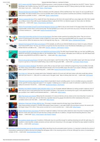4/1/24, 9:10 AM Advanced View Arduino Projects List - Use Arduino for Projects
https://duino4projects.com/advanced-view-arduino-projects-list/ 48/59
732. DCF77 master clock MK2 Features Arduino 328 Microprocessor is used to decode and display Time & date from the DCF77 "Atomic" Clock in
Mainflingen near Frankfurt Germany The DCF77 signal is decoded using the fantastic new DCF77 library written by Udo Klein meaning the
clock stays in sync and…... Listed under: Clock – Timer Projects
733. Ultimate Kids Musicbox ESP32 Based There are already some NFC jukeboxes. Off the shelf like those "Toni" boxes. For do-it-yourself: lots of
instructables. This device should cover as much as possible, which could come into question sometime and somehow. It should have as few
weak points as possible, (in which…... Listed under: Sound – Audio Projects
734. Arduino-powered LED Clock A fun, simple LED clock, that will give you the time to the nearest half hour using single-color LEDs. Parts needed
are as follows: Arduino Nano 400 tie-point Breadboard Ribbon Cable DS1307 RTC IC 32.768 kHz Crystal (12) 10mm LEDs (12) 180 Ohm
resistors (2)…... Listed under: Clock – Timer Projects, LED Projects
735. Arduino Programmable Constant Current Power Resistance Dummy Load Glad to see you have arrived on this page to learn how to build a
programmable constant direct current dummy load. This load will allow you to draw a set current from any source. This load can also be set to
a constant resistance or…... Listed under: Arduino Programmer Projects
736. Arduino Quiz Game With Led Strip for Score and Two Buttons Two teams answer questions by pushing their button. They can score an
amount of points equal to the random number of lights lit on their button. https://youtu.be/pwq1BWS1oZ4 This requires some strategic
choices and luck. When the teamscores meet on the large led strip, they can…... Listed under: Game – Entertainment Projects
737. Network Time Protocol (NTP) Client using Arduino In this example, you will use your Ethernet Shield and your Arduino to query a Network
Time Protocol (NTP) server. This way, your Arduino can get the time from the Internet. Circuit The Ethernet shield allows you to connect a
WizNet Ethernet controller to the…... Listed under: Internet – Ethernet – LAN Projects, Projects
738. How to Build a DIY WiFi Smart Oximeter Using MAX30102 and Arduino ESP32 This WiFi Smart Oximeter helps you scan Spo2 and BPM using
MAX30102 and ESP32 and display the values on the Smartphone Step 1: In this tutorial, I will explain how to build your own WiFi Based Smart
Oximeter using MAX30102 and ESP32 in detail. The…... Listed under: Wifi - WLan Projects
739. Drive by wire go kart using Arduino I just got a new go kart engine, i went from 6hp to 10hp. This new kohler engine I got I think was not built
to put on a go kart, so I had some trouble finding a way to attach the gas petal. Well…... Listed under: Car Projects, Motor Projects
740. Programming Arduino Wirelessly The Arduino system offers an easy and open-source method for programming microcontrollers. Normally
this means using a serial cable or USB cable attached directly to the microcontroller project. But what if your project is floating in a weather
balloon, glued to the bottom of a swimming pool…... Listed under: Arduino Programmer Projects, Projects
741. Put a Cylon in it! Last year the comedy sketch show 'Portlandia' made fun of an arts and craft trend, where craft artists would take ordinary
items and 'put a bird on it'. I fell victim to a similar trend in the geek crowd: Take an ordinary silver item and…... Listed under: LED Projects
742. IR Remote Control Arduino Based Electric Board Arduino based electric board controlling system, Can be controlled using any universal IR
remote. good IR receiving range and support 12 CH. Supplies 1) Soldering Iron 2) Solder wire 3) plier 4) multimeter 5) solder flux 6) wires 7)
battery 8) connectors 10) wick for…... Listed under: Development Board – Kits Projects
743. SMOKING HALLOWEEN PUMPKIN USING ARDUINO AND IC 555 Lots of people celebrate Halloween by making pumpkin sculptures most of
them only just carve a scary looking face from the pumpkin and place. in this tutorial, I am showing how to give a more awesome effect to
your pumpkins. here I added human/obstacle detection,…... Listed under: Other Projects
744. Water Flow Gauge using Arduino Measuring the consumption of a resource that has units by volume can be more tricky than it sounds. Use
of resources such as water, gas, and even electricity is typically measured by gauges that determine either instantaneous flow rate or
cumulative volume over time. Both…... Listed under: Other Projects
745. Aetherharp: Three Level, 24 Note, MIDI Air-harp. This project is loosely inspired by the laser harp of Jean-Michel Jarre.
https://www.youtube.com/watch?v=DnAfXK-hft8 Instead of lasers however, it uses eight SHARP infra-red distance sensors, the variants with
the longest range of 35 to 40cm. These sensors are laid out in a row to provide rows…... Listed under: Other Projects
746. Modern RGB LED Clock using Arduino As hard as it might be to believe, I had never built an electronic clock of any kind. I've always thought
electronic clocks were passe and not worth the time to design and build one. In addition, I thought that all interesting electronic clocks
designs…... Listed under: Clock – Timer Projects, LED Projects, Projects
747. Low resolution display done right A resolution of 8x8 pixels may not sound like enough for anything interesting, but with the right setup, it is
possible to create beautiful, complex animations and even add some interactivity. In the next pages I will detail the steps needed to build the
low-res…... Listed under: LCD Projects
748. Automating A Home Snowmaker Using An Avr Microcontroller Before describing how the automated system functions, it is important to describe the science of
snowmaking in general and to define a few key terminology that will appear often in the remaining sections of the text. Although the science of snowmaking is
complex, for the…... Listed under: Home Automation Projects
 