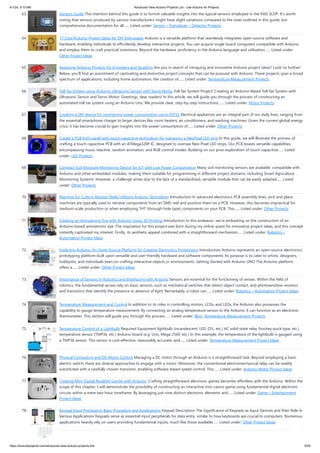 4/1/24, 9:10 AM Advanced View Arduino Projects List - Use Arduino for Projects
https://duino4projects.com/advanced-view-arduino-projects-list/ 5/59
63. Sensors Guide The intention behind this guide is to furnish valuable insights into the typical sensors employed in the RAD SLDP. It's worth
noting that sensors produced by various manufacturers might have slight variations compared to the ones outlined in this guide, but
comprehensive documentation for all…... Listed under: Sensor – Transducer – Detector Projects
64. 17 Cool Arduino Project Ideas for DIY Enthusiasts Arduino is a versatile platform that seamlessly integrates open-source software and
hardware, enabling individuals to effortlessly develop interactive projects. You can acquire single board computers compatible with Arduino
and employ them to craft practical inventions. Beyond the hardware, proficiency in the Arduino language and utilization…... Listed under:
Other Project Ideas
65. Awesome Arduino Projects for Engineers and Students Are you in search of intriguing and innovative Arduino project ideas? Look no further!
Below, you'll find an assortment of captivating and distinctive project concepts that can be pursued with Arduino. These projects span a broad
spectrum of applications, including home automation, the creation of…... Listed under: Temperature Measurement Projects
66. Toll Tax System using Arduino: Ultrasonic Sensor with Servo Motor Toll Tax System Project: Creating an Arduino-Based Toll Tax System with
Ultrasonic Sensor and Servo Motor: Greetings, dear readers! In this article, we will guide you through the process of constructing an
automated toll tax system using an Arduino Uno. We provide clear, step-by-step instructions,…... Listed under: Motor Projects
67. Creating a DIY device for monitoring power consumption using ESP32 Electrical appliances are an integral part of our daily lives, ranging from
the essential smartphone charger to larger devices like room heaters, air conditioners, and washing machines. Given the current global energy
crisis, it has become crucial to gain insights into the power consumption of…... Listed under: Other Projects
68. Create a PCB light panel with touch capacitive technology for managing a NeoPixel LED strip In this guide, we will illustrate the process of
crafting a touch capacitive PCB with an ATMega328P IC, designed to oversee Neo-Pixel LED strips. Our PCB boasts versatile capabilities,
encompassing music-reactive, random animation, and RGB control modes. Building on our prior exploration of touch capacitive…... Listed
under: LED Projects
69. Compact Soil Moisture Monitoring Device for IoT with Low Power Consumption Many soil monitoring sensors are available, compatible with
Arduino and other embedded modules, making them suitable for programming in different project domains, including Smart Agriculture
Monitoring Systems. However, a challenge arises due to the lack of a standardized, versatile module that can be easily adapted…... Listed
under: Other Projects
70. Machine for Cutting Resistor Reels Utilizing Arduino Technology Introduction In advanced electronics PCB assembly lines, pick and place
machines are typically used to retrieve components from an SMD reel and position them on a PCB. However, this becomes impractical for
medium-scale production or when employing THT (through-hole type) components on your PCB. This…... Listed under: Other Projects
71. Creating an Animatronic Eye with Arduino Using 3D Printing Introduction In this endeavor, we're embarking on the construction of an
Arduino-based animatronic eye. The inspiration for this project was born during my online quest for innovative project ideas, and this concept
instantly captivated my interest. Firstly, its aesthetic appeal combined with a straightforward mechanism…... Listed under: Robotics –
Automation Project Ideas
72. Exploring Arduino: An Open-Source Platform for Creative Electronics Prototyping Introduction Arduino represents an open-source electronics
prototyping platform built upon versatile and user-friendly hardware and software components. Its purpose is to cater to artists, designers,
hobbyists, and individuals keen on crafting interactive objects or environments. Getting Started with Arduino UNO The Arduino platform
offers a…... Listed under: Other Project Ideas
73. Importance of Sensors in Robotics and Interfacing with Arduino Sensors are essential for the functioning of senses. Within the field of
robotics, the fundamental senses rely on basic sensors, such as mechanical switches that detect object contact, and photosensitive resistors
and transistors that identify the presence or absence of light. Remarkably, a robot can…... Listed under: Robotics – Automation Project Ideas
74. Temperature Measurement and Control In addition to its roles in controlling motors, LCDs, and LEDs, the Arduino also possesses the
capability to gauge temperature measurement. By connecting an analog temperature sensor to the Arduino, it can function as an electronic
thermometer. This section will guide you through the process…... Listed under: Blog, Temperature Measurement Projects
75. Temperature Control of a Lightbulb Required Equipment lightbulb (incandescent, LED, CFL, etc.) AC solid-state relay (hockey-puck type, etc.)
temperature sensor (TMP36, etc.) Arduino board (e.g. Uno, Mega 2560, etc.) In this example, the temperature of the lightbulb is gauged using
a TMP36 sensor. This sensor is cost-effective, reasonably accurate, and…... Listed under: Temperature Measurement Project Ideas
76. Physical Computing and DC Motor Control Managing a DC motor through an Arduino is a straightforward task. Beyond employing a basic
electric switch, there are diverse approaches to engage with a motor. Moreover, the conventional electromechanical relay can be readily
substituted with a carefully chosen transistor, enabling software-based speed control. This…... Listed under: Arduino Motor Project Ideas
77. Creating Mini Digital Roulette Games with Arduino. Crafting straightforward electronic games becomes effortless with the Arduino. Within the
scope of this chapter, I will demonstrate the possibility of constructing an interactive mini casino game using fundamental digital electronic
circuits within a mere two-hour timeframe. By leveraging just nine distinct electronic elements and…... Listed under: Game – Entertainment
Project Ideas
78. Keypad Input Processing: Basic Procedure and Applications Keypad Description The Significance of Keypads as Input Devices and their Role in
Various Applications Keypads serve as essential input peripherals for data entry, similar to how keyboards are crucial to computers. Numerous
applications heavily rely on users providing fundamental inputs, much like those available…... Listed under: Other Project Ideas
 