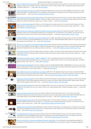 4/1/24, 9:10 AM Advanced View Arduino Projects List - Use Arduino for Projects
https://duino4projects.com/advanced-view-arduino-projects-list/ 52/59
794. How to Simulate Arduino in Proteus Hey, fellas I hope you are doing well and getting smarter every day. This post is about How to Simulate
Arduino in Proteus, here we will see how we can simulate Arduino codes in Proteus. Arduino UNO is a popular development board based
on ATMEGA 328P which is…... Listed under: Other Project Ideas
795. 2-Player Pong Game with Arduino Uno Classical Pong game implemented on an Arduino Uno using a PCD8544 LCD screen which is better
known as the Nokia 5110 screen. Player bars are controlled by a potentiometer for each player. If you want the bar to go left, just turn the
potentiometer left.…... Listed under: Game – Entertainment Projects, Projects
796. what is proteus example circuits librarproteus software In this tutorial, we have to learn about how to Circuit with a switch using DC Voltmeter
using Proteus. Proteus and Simulation Software – Introduction What is Proteus? Proteus is a simulation and design software use for lab centre
Electronic for Electrical and Electronic design circuits.. Proteus is the best…... Listed under: Other Projects
797. James – Your first Arduino Robot Edit: Thank you so much everyone for voting for James in the Toy Contest! He got first place and I won a
$500 Shapeways voucher! Expect to see more robot instructables from me in the future! So you want to make a robot? Don't…... Listed
under: Robotics – Automation Projects
798. Build a transistor circuit board for controlling Air Conditioner remote control with Arduino I was supporting a group of student on their
graduation project. One of the difficulties they faced was on controlling an A/C unit with Arduino microcontroller. The first experiment we
tried to work it out was by record the A/C remote control beam signal for…... Listed under: Home Automation Projects, Projects
799. 100 Watt INVERTER circuit IC 4047 pinout proteus simulation [otw_is sidebar=otw-sidebar-1] Hi Guys! Hope you are fine. In this topic I will tell
you how to IC Inverter using Proteus(INVERTER circuit in proteus). Let’s start. 100 Watt INVERTER USING IC 4047 First of all we have to select
the components from the library. The…... Listed under: Other Projects
800. uDuino: Very Low Cost Arduino Compatible Development Board Arduino boards are great for prototyping. However they get rather expensive
when you have multiple concurrent projects or need lots of controller boards for a larger project. There are some great, cheaper alternatives
(Boarduino, Freeduino) but the costs still add up when you need many…... Listed under: Development Board – Kits Projects, Projects
801. Nokia Library For Proteus In this lesson(Nokia Library For Proteus), I will show you how to build a simple Graphical User Interface with the help
of the Nokia 3310 LCD. I will design a Nokia 3310 Menu interface with the used of Arduino. Nokia Library For Proteus Nokia 3310…... Listed
under: Phone Projects
802. Mini Arduino environment monitor ** UPDATE – Added RTC *** This is an Example of how you can use the Arduino to monitor various
environmental parameters And display them on a LCD screen. Note: I Added a Real Time Clock!! To see the steps, added parts and Sketch I
added new steps.. Step 1: Parts List…... Listed under: LCD Projects
803. ARDUINO MEGA FOR BEGINNERS In this post I will discuss about the detailed ARDUINO MEGA FOR BEGINNERS. In the previous post I have
discussed about brief introduction of the Arduino MEGA there I have discussed about the Arduino MEGA board, specifications of the Arduino
UNO, microcontroller IC on which Arduino UNO is…... Listed under: Other Projects
804. Micro LASER Show with a CD Lens Mechanism using Arduino Hello! This is the cheapest and easiest way to make a two-dimensional laser
show projector. It uses just one pivoting mirror, powered by the focusing mechanism from a CD or other optical drive. They said it couldn't be
done, but Ljudmila's skunkworks GRL research facility…... Listed under: Ideas, Interfacing(USB – RS232 – I2c -ISP) Project Ideas
805. Introduction to Arduino Ethernet In this post I will discuss about the Introduction to Arduino Ethernet. In the previous articles I have discussed
different Arduino microcontroller development boards such as Arduino UNO, MEGA, NANO, PRO MINI, MICRO, Lilypad etcetera. All these
Arduino boards resemble to each other in some…... Listed under: Internet – Ethernet – LAN Project Ideas
806. Stargate LED Lighted Necklace Ever need to have a Stargate handy? You can wear one around your neck and have it at the ready. Ears starting
to bleed from the volume of the music at the club or that Euro-chic clothing retailer outlet? Activate the Stargate to jump to…... Listed under:
LED Projects
807. Arduino Duemilanove for Beginners In this post I will discuss about the Arduino Duemilanove which is one of the microcontroller
development boards among other Arduino Boards. In the previous posts I have discussed the Arduino UNO, MICRO, PRO MINI, MEGA and
other popular Arduino microcontroller development boards. This article…... Listed under: Development Board – Kits Projects
808. Twitter Mood Light using an Arduino How's the world feeling right now? This box tells you. Powered by: an Arduino, a WiFly wireless
module, an RGB LED, Twitter.com and a 9v battery. I’m a news junkie. I want to know everything that is going on in the world as soon as it
happens. I want to wake up and…... Listed under: Home Automation Projects, LED Projects, Projects
809. Bootload an Arduino with a ZIF Socket Bootloading an Arduino with a ZIF socket allows you to easily program a lot of chips at once without
worrying about mangling the pins. The reason for this is that ZIF stands for "zero insertion force," and as the name implies, ZIF sockets don't
require…... Listed under: Projects, RTOS – OS Projects
810. Top 10 Best Simulators for Arduino In this post I will discuss about Top 10 Best Simulators for Arduino. The most popular software for
simulating the circuits and embedded systems based on the Arduino microcontroller development board. In my previous posts I have
discussed and involved the simulation of the Arduino…... Listed under: Development Board – Kits Projects
811. Designing and building an synthesizer with Meeblip and Arduino, added videos! For my internship at Create Digital Music/Meeblip I've
created quite a fun little synthesizer. This thing is meant to be more flexible than other synthesizer by making it completely independent; it is
 